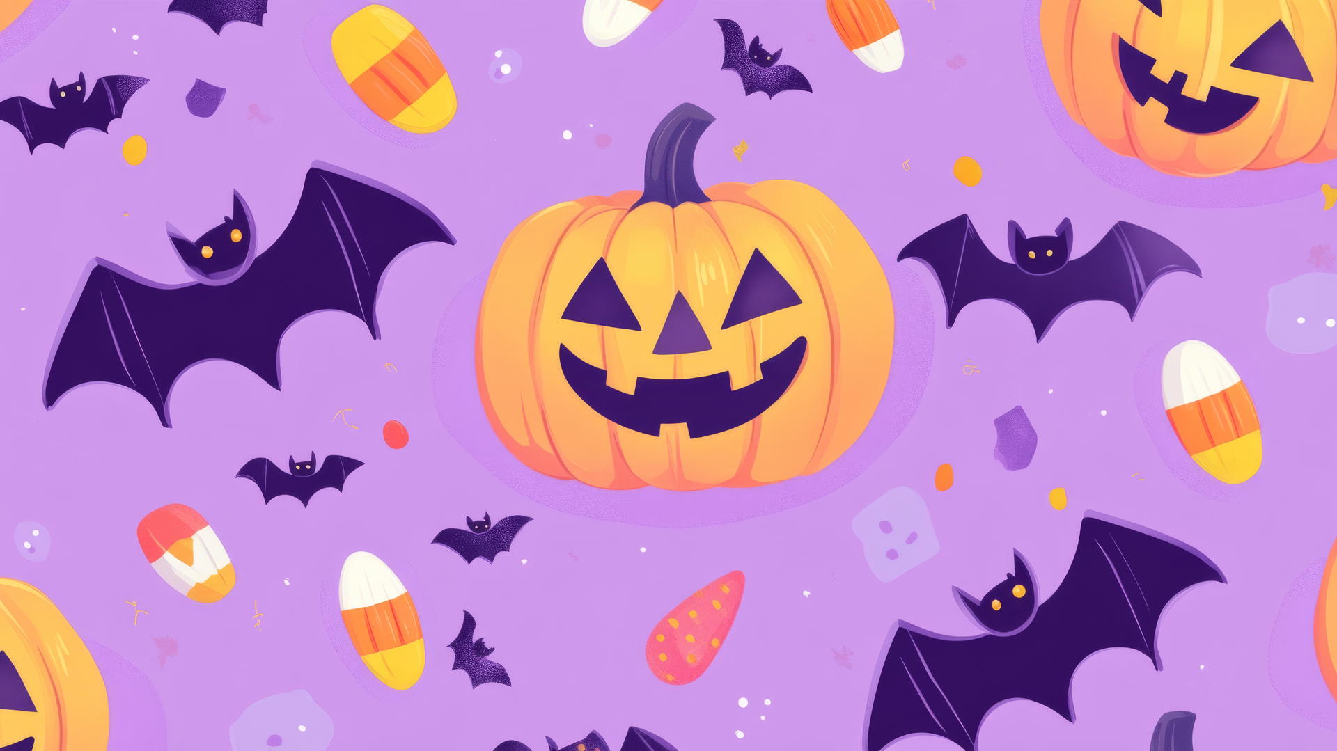 Preppy wallpaper Halloween with bats, pumpkins, and candy corn on pastel lavender