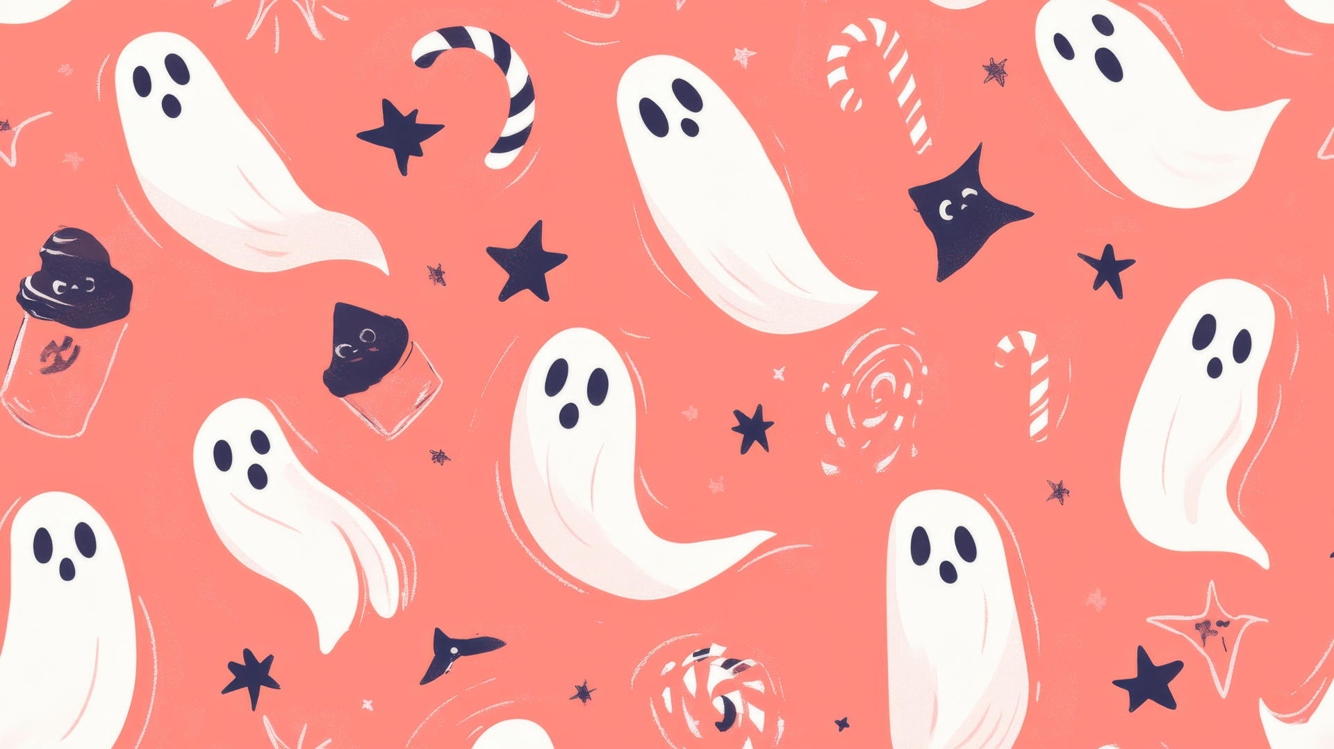 preppy halloween wallpaper with ghosts, candy canes, and stars on pastel coral