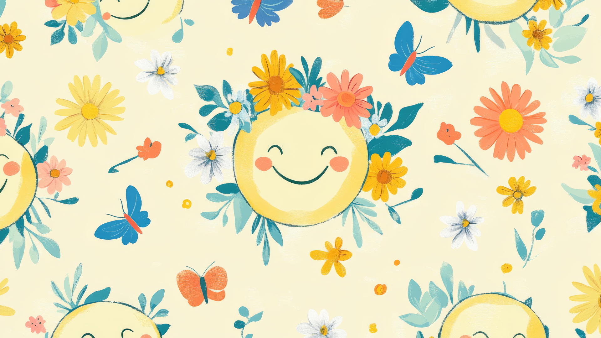 A preppy wallpaper smiley face with flower crowns, pastel daisies, and butterflies.