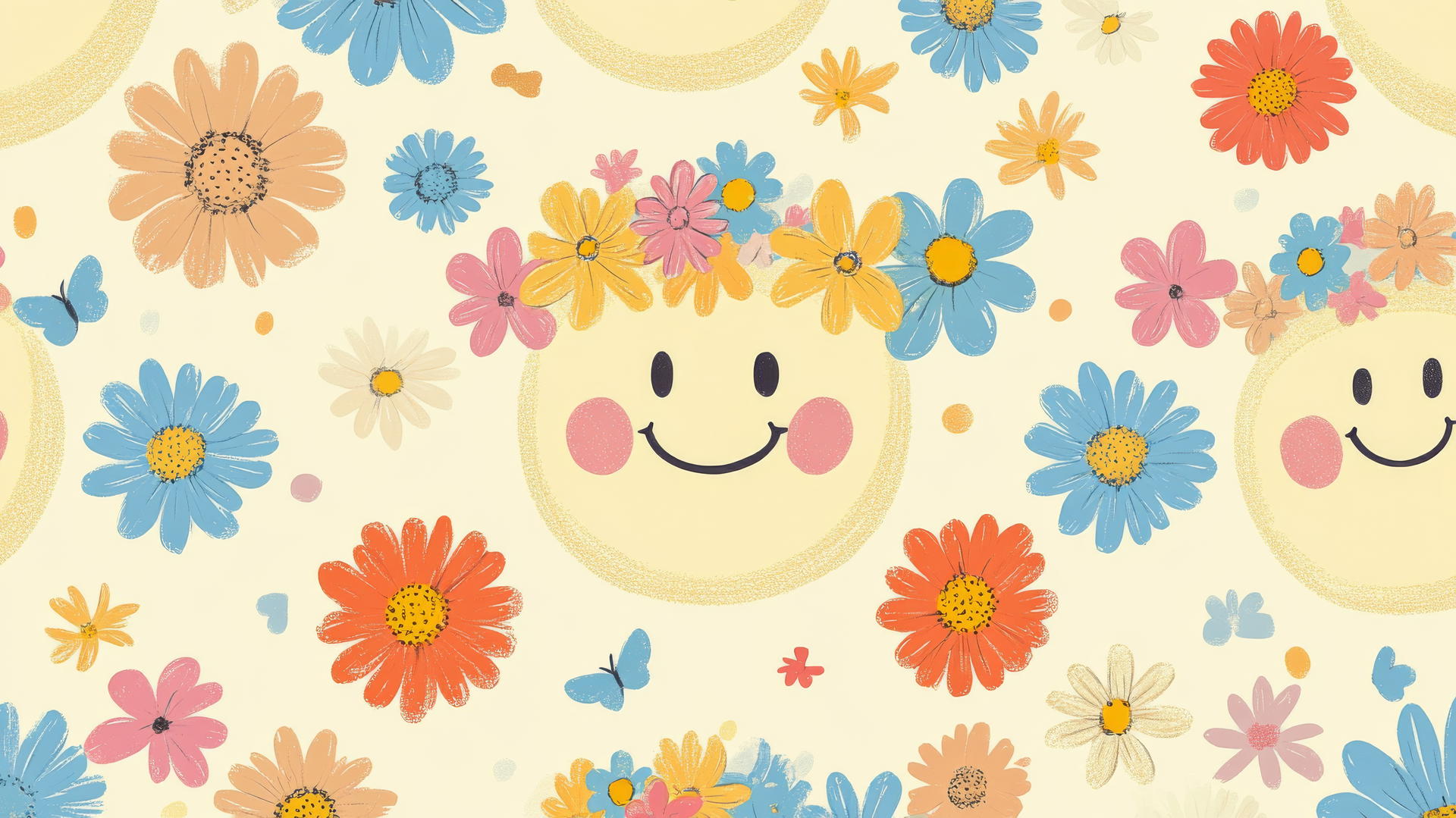 preppy wallpaper smiley face with flower crowns, pastel daisies, and butterflies