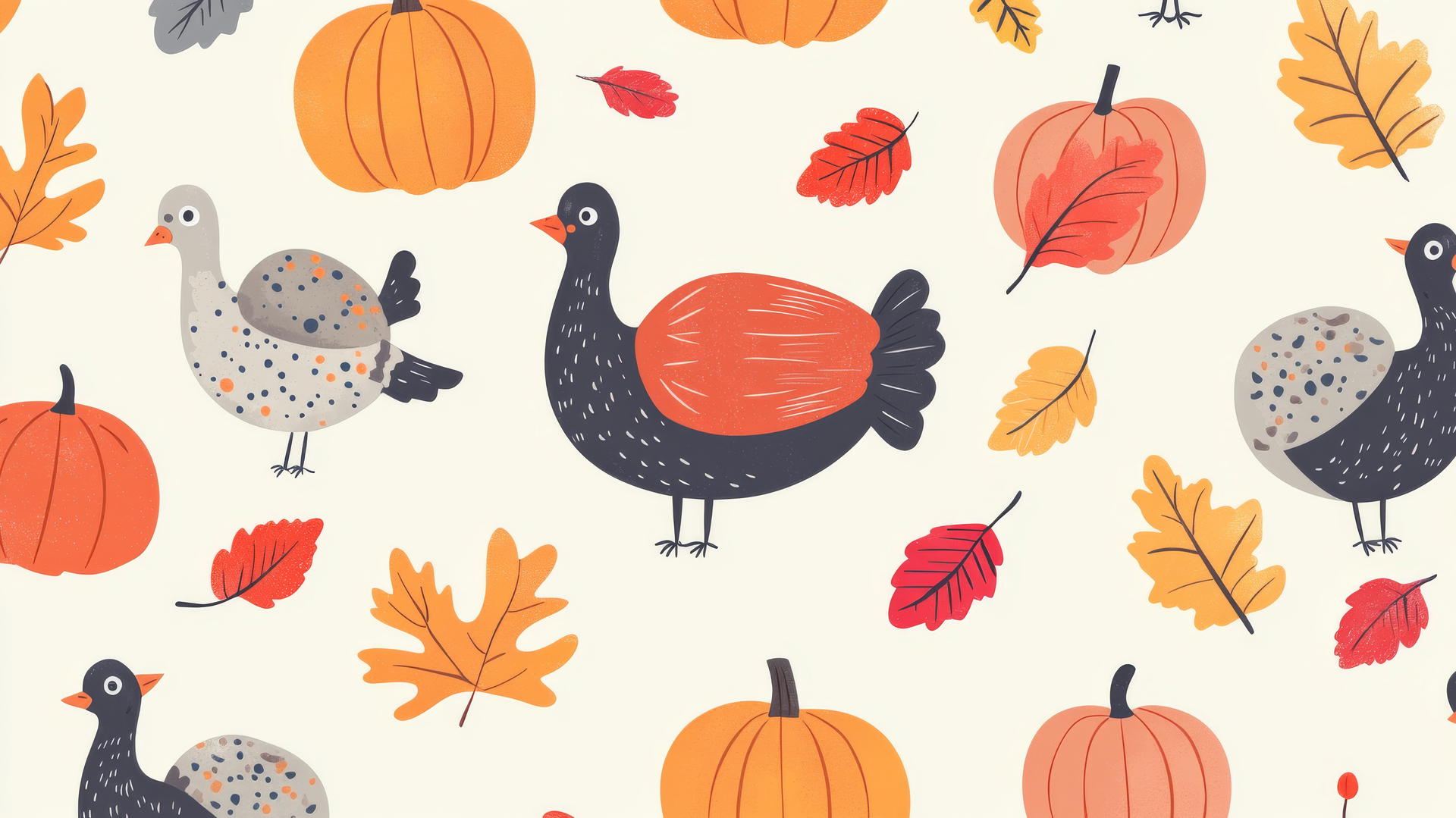 preppy autumn wallpaper with cute cartoon turkeys, pumpkins, and fall leaves