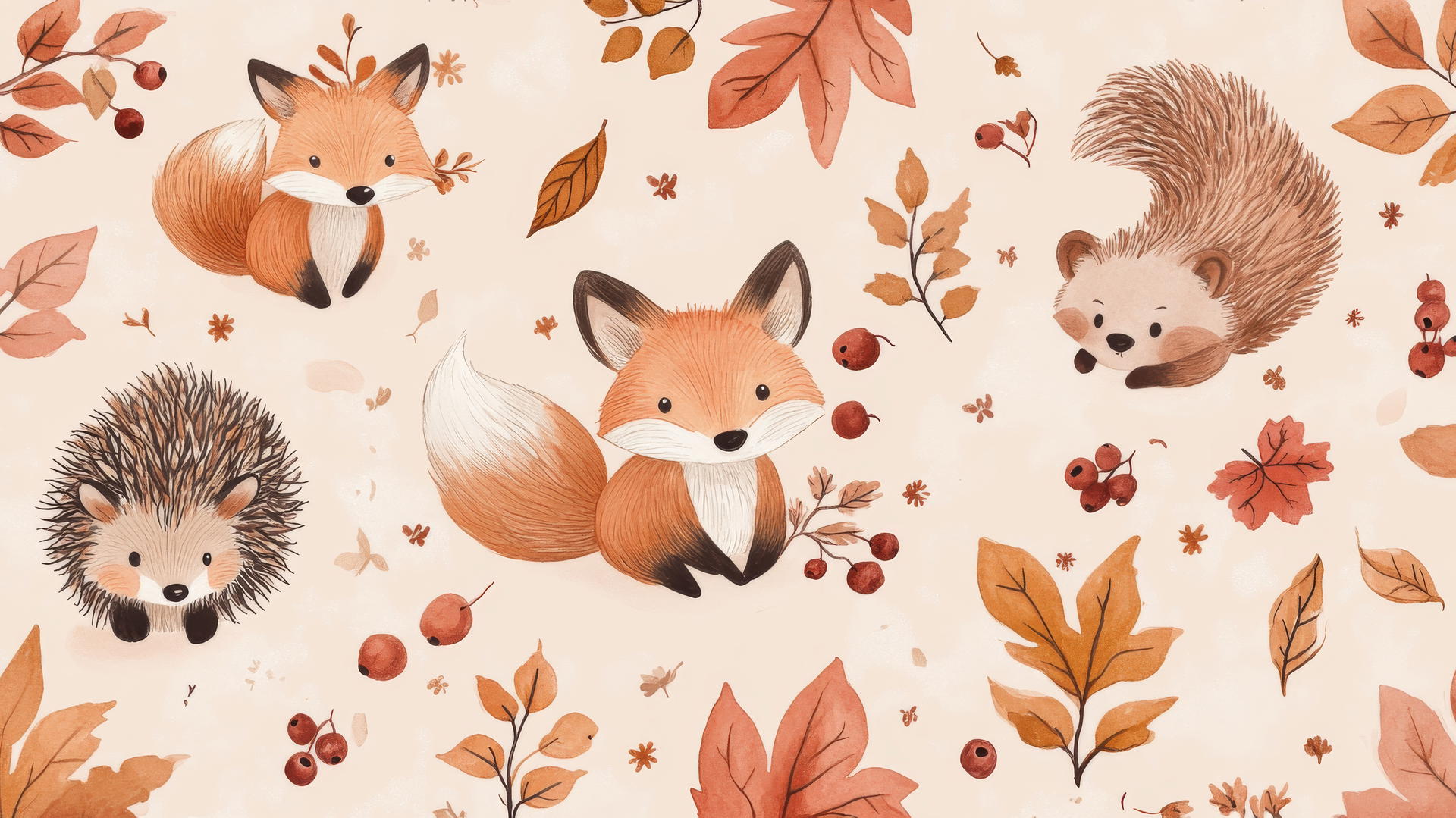 preppy autumn wallpaper with pastel-colored foxes and hedgehogs among leaves and berries