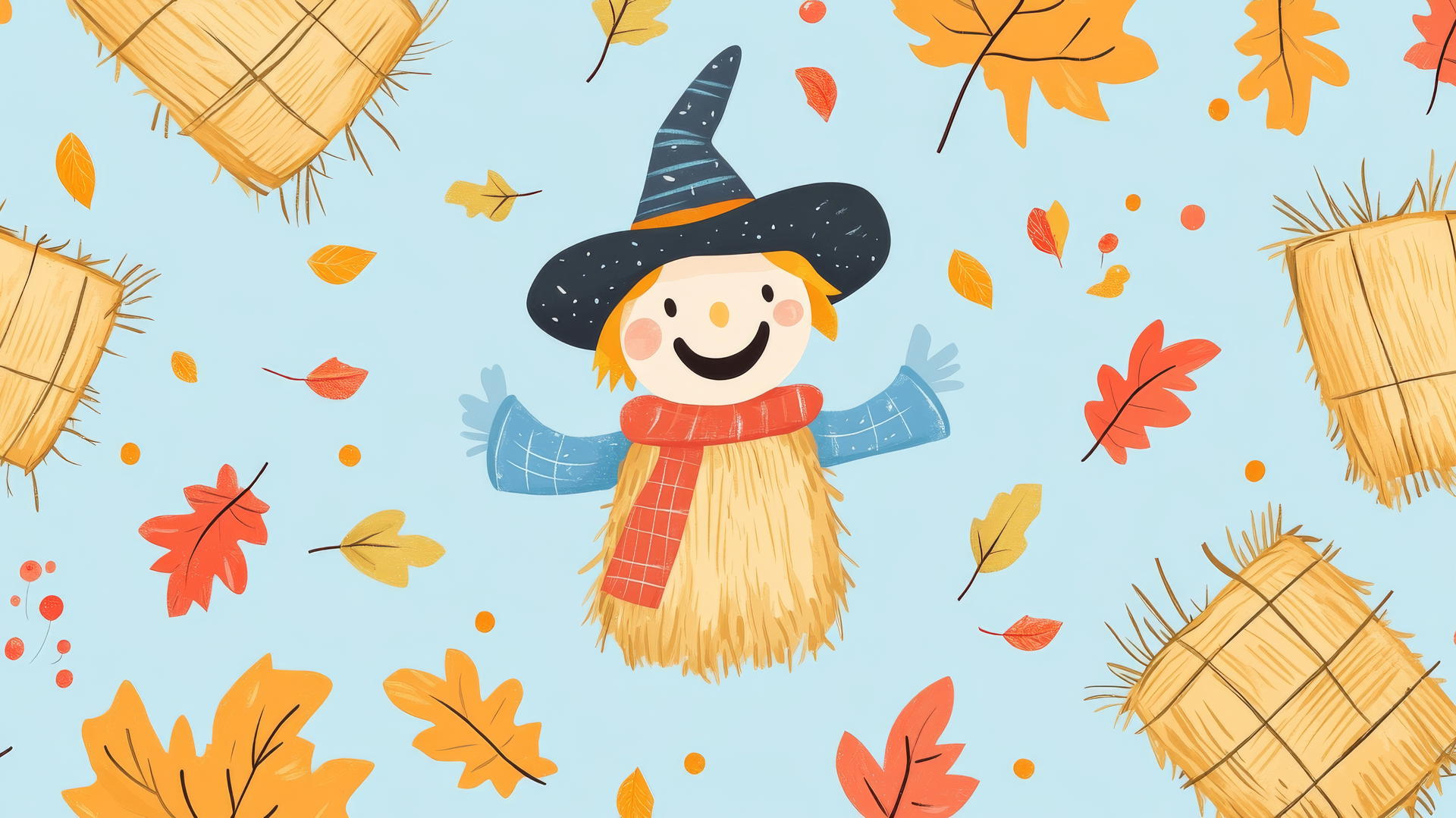 Preppy fall wallpaper with cartoon scarecrows and leaves