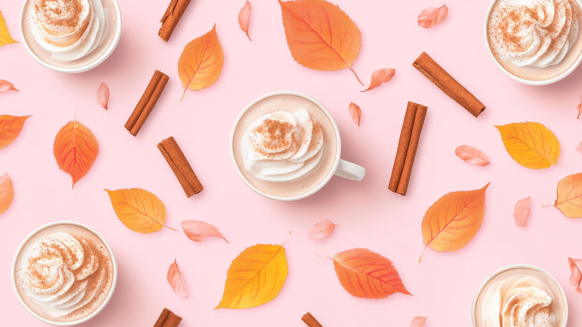 Preppy fall wallpaper with pumpkin spice lattes, cinnamon sticks, and fall leaves on pastel pink