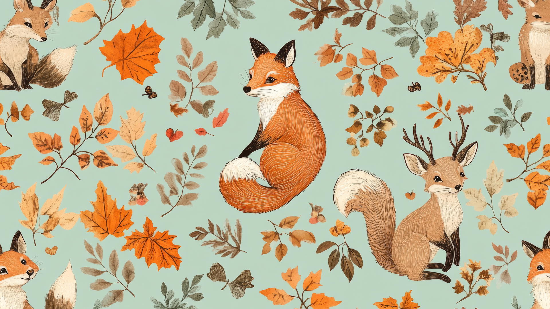 preppy fall wallpaper with foxes, squirrels, and deer among fall foliage on mint green