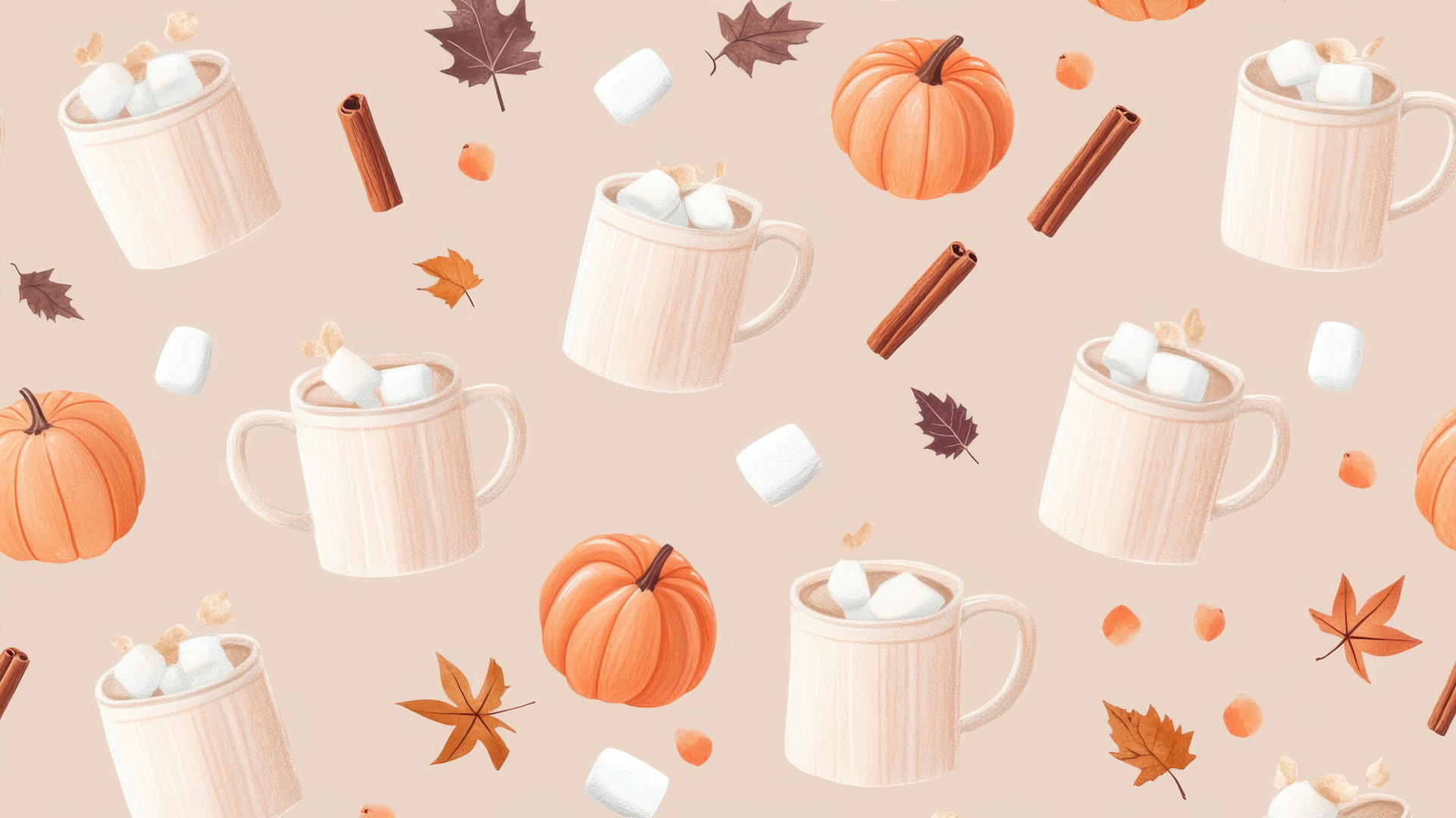 Preppy fall wallpaper with pastel hot cocoa mugs, marshmallows, and cinnamon sticks
