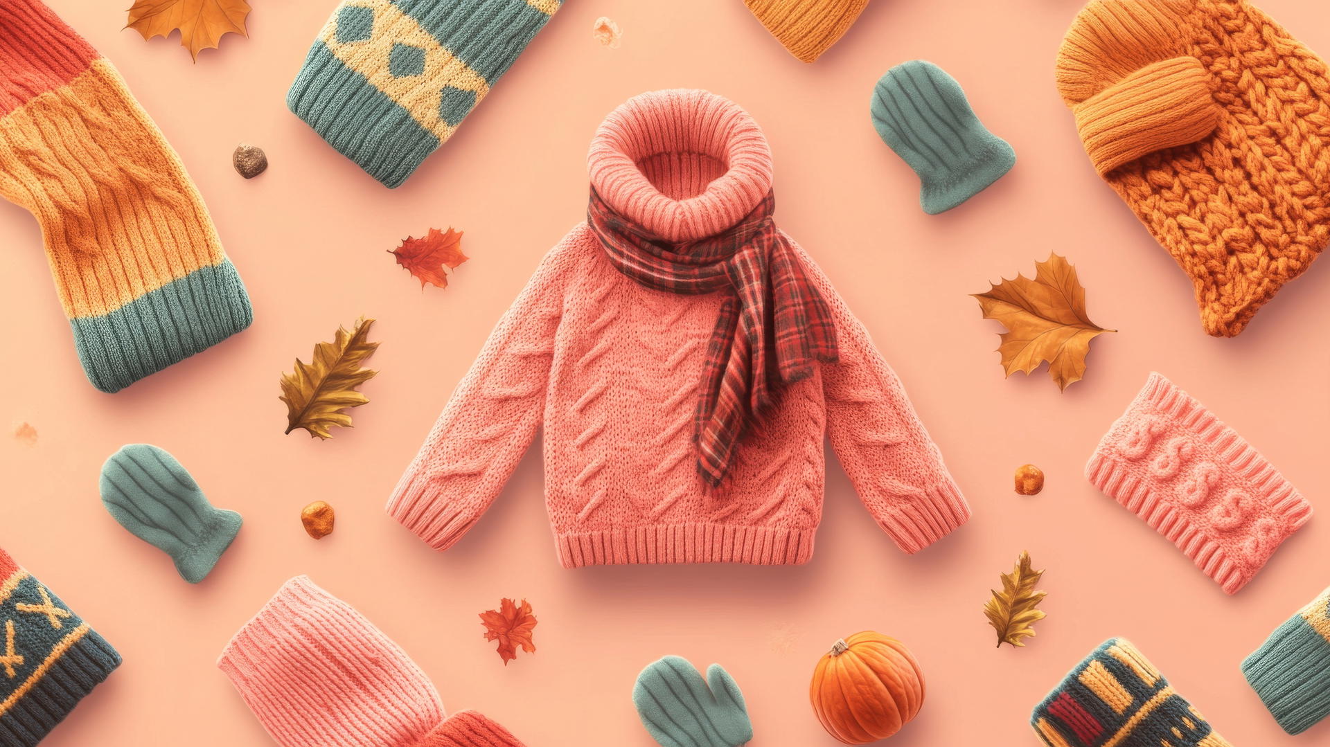 Preppy fall wallpaper with cozy knit sweaters, scarves, and mittens on pastel pink.
