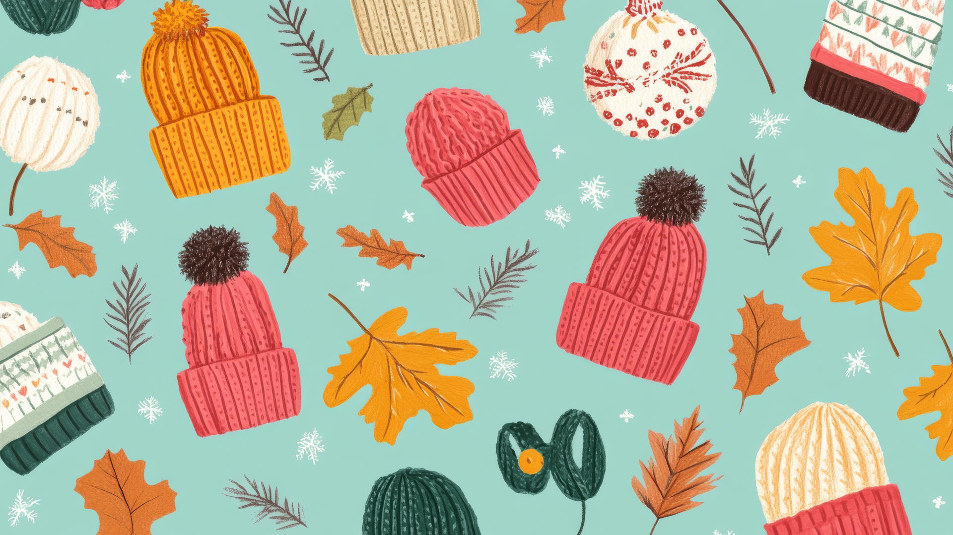 preppy fall wallpaper with cozy knit hats, mittens, and scarves on pastel teal