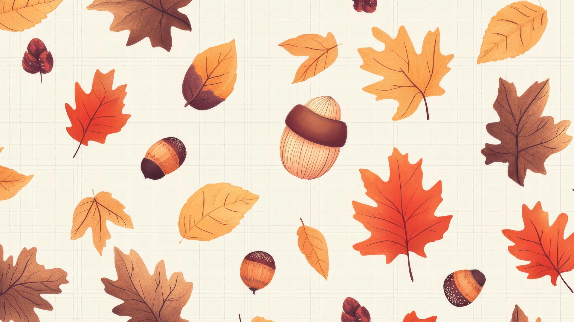 preppy fall wallpaper with pastel autumn leaves, acorns, and subtle plaid elements on a cream background