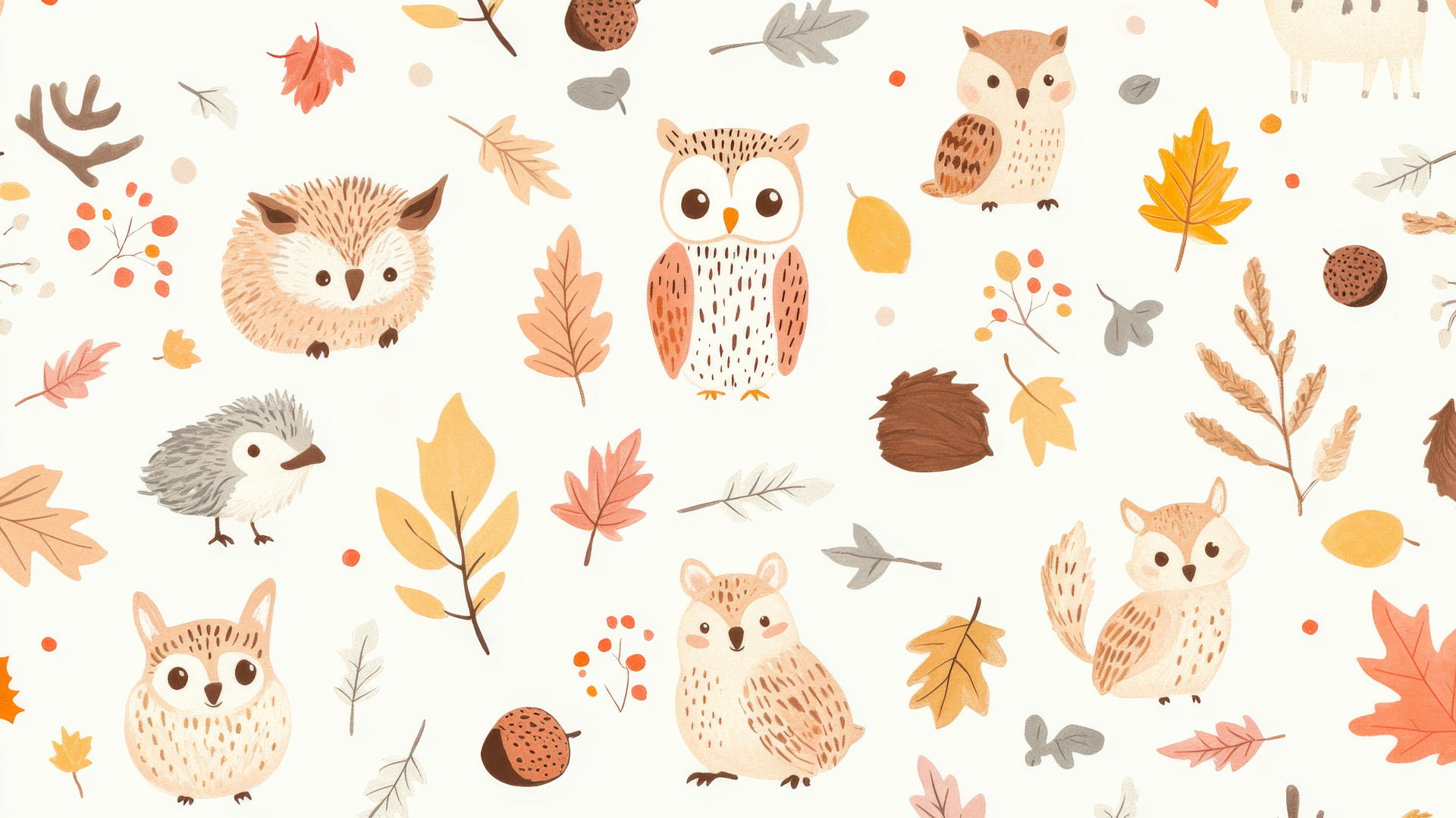 Preppy fall wallpaper with cute woodland animals, autumn leaves, and acorns in pastel palette.