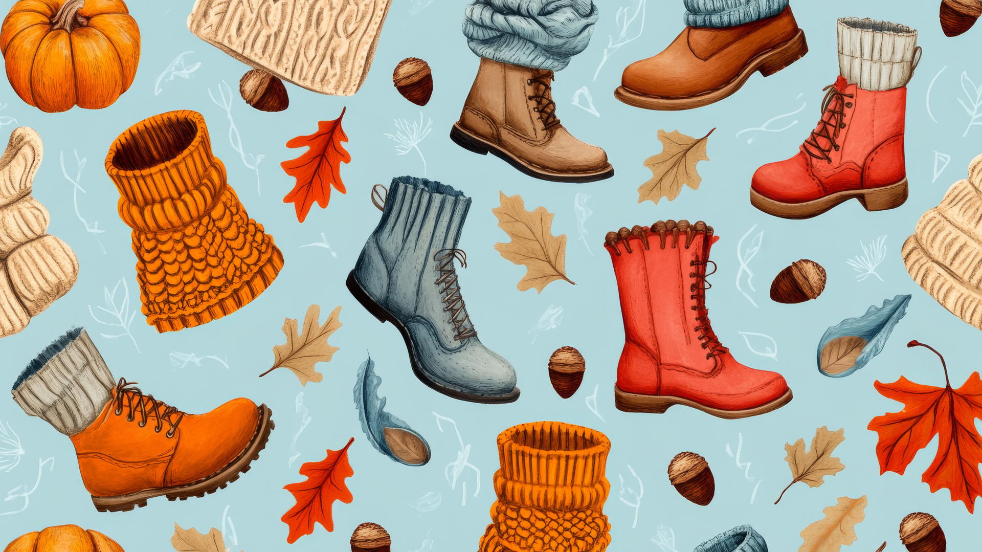 preppy fall wallpaper with sweaters, scarves, boots, acorns, and leaves on light blue