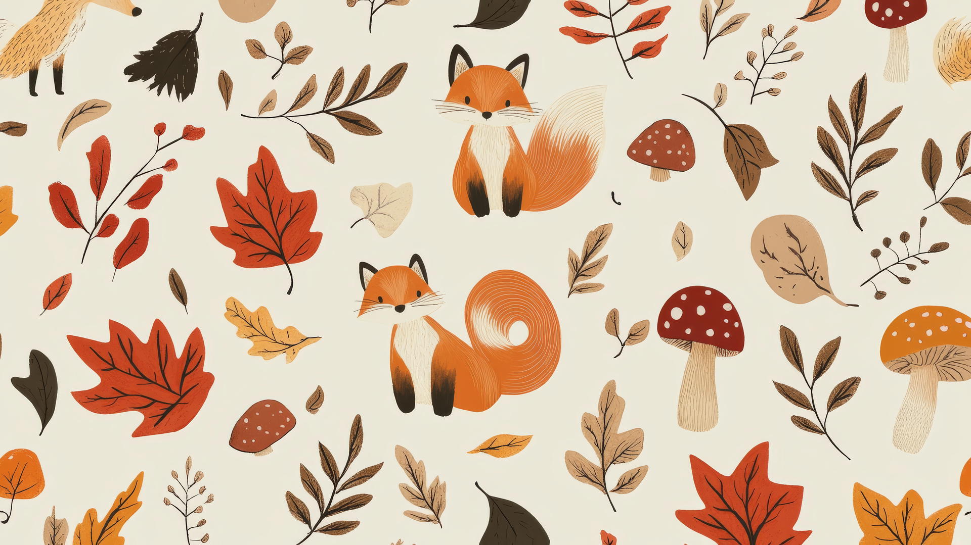 preppy fall wallpaper with cute foxes, squirrels, and fall leaves
