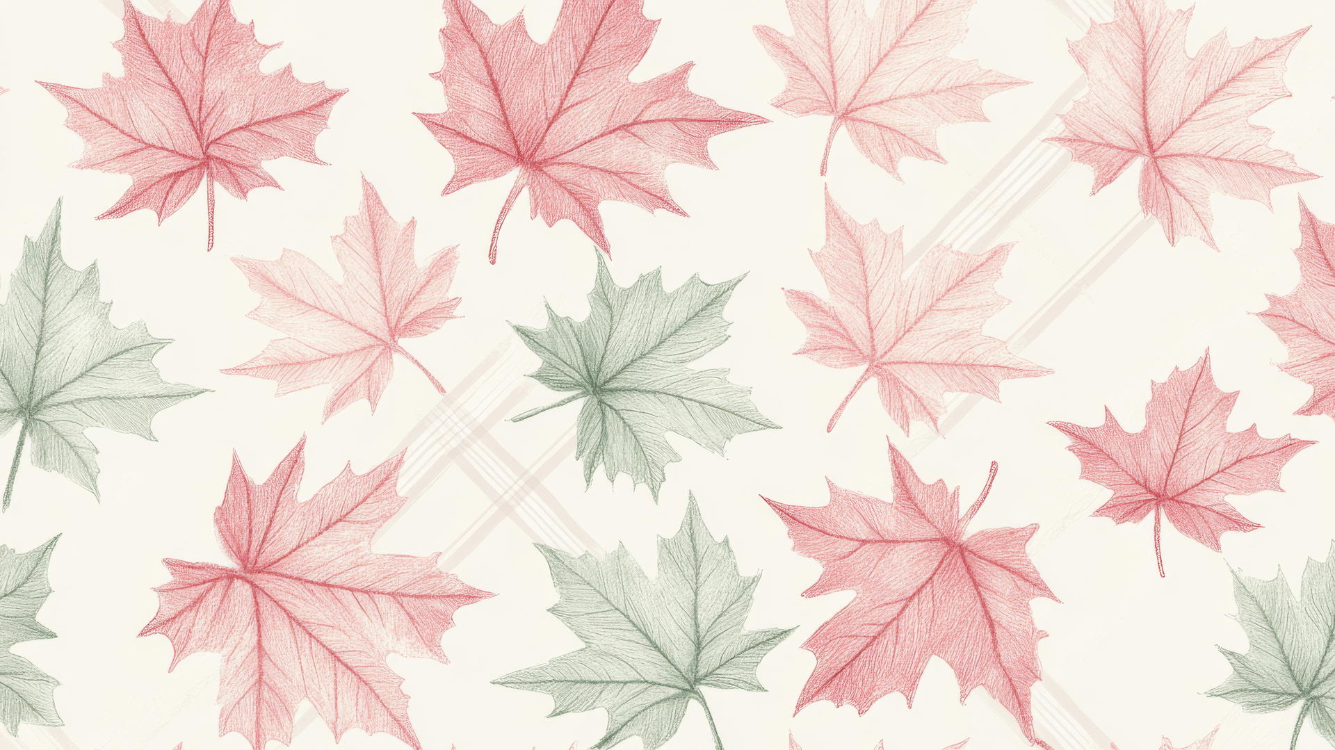 preppy fall wallpaper with hand-drawn pastel maple leaves and plaid elements on cream background