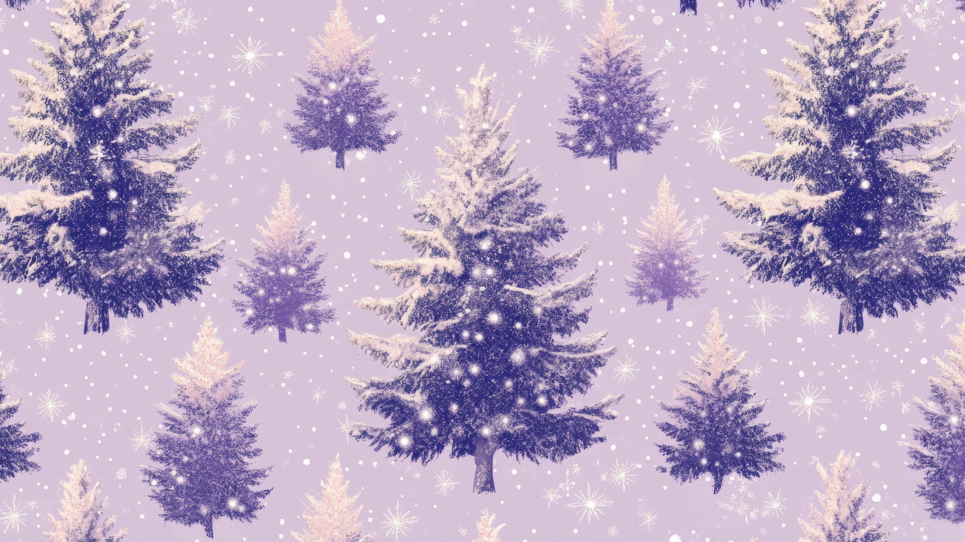 preppy winter wallpaper with snow-capped evergreen trees and twinkling stars on a lilac background