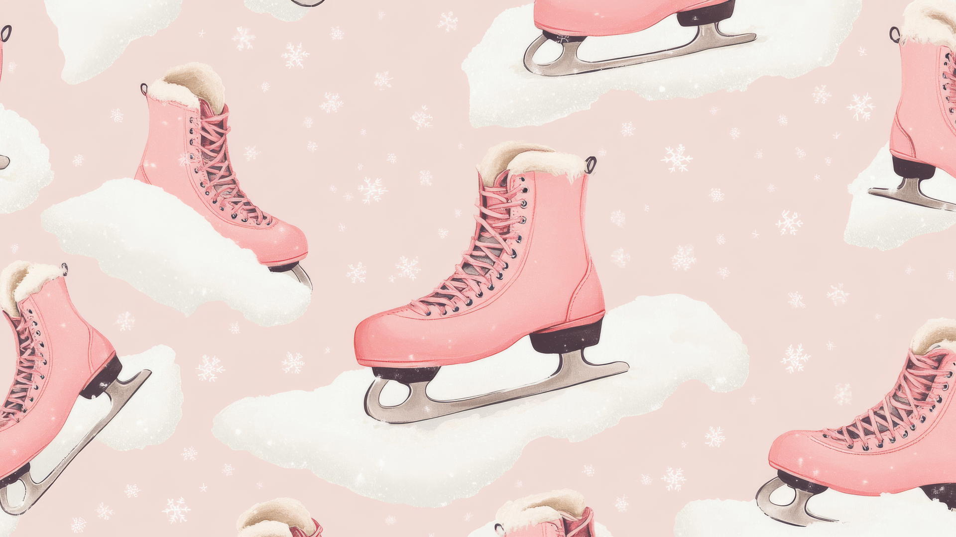 preppy winter wallpaper with vintage ice skates and pink laces on snowdrifts