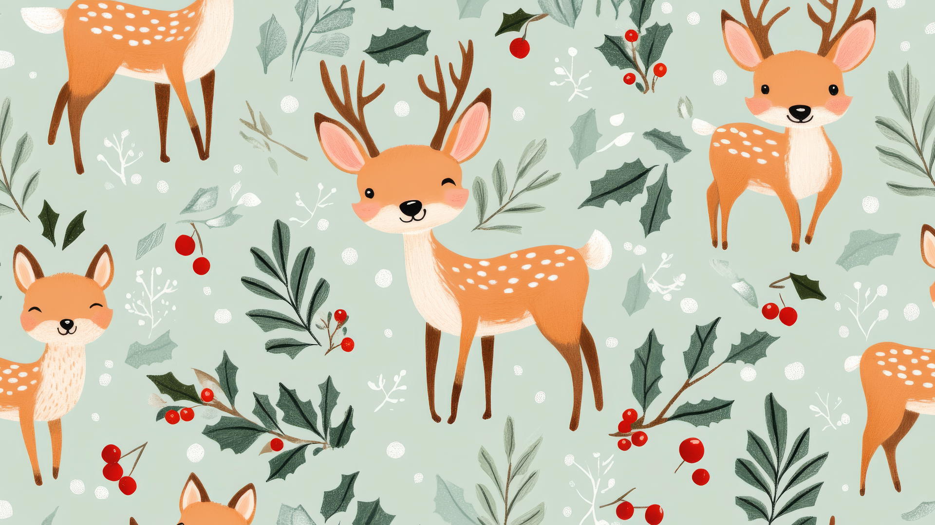 preppy winter wallpaper with cute deer, foxes, holly leaves, and berries on mint green background