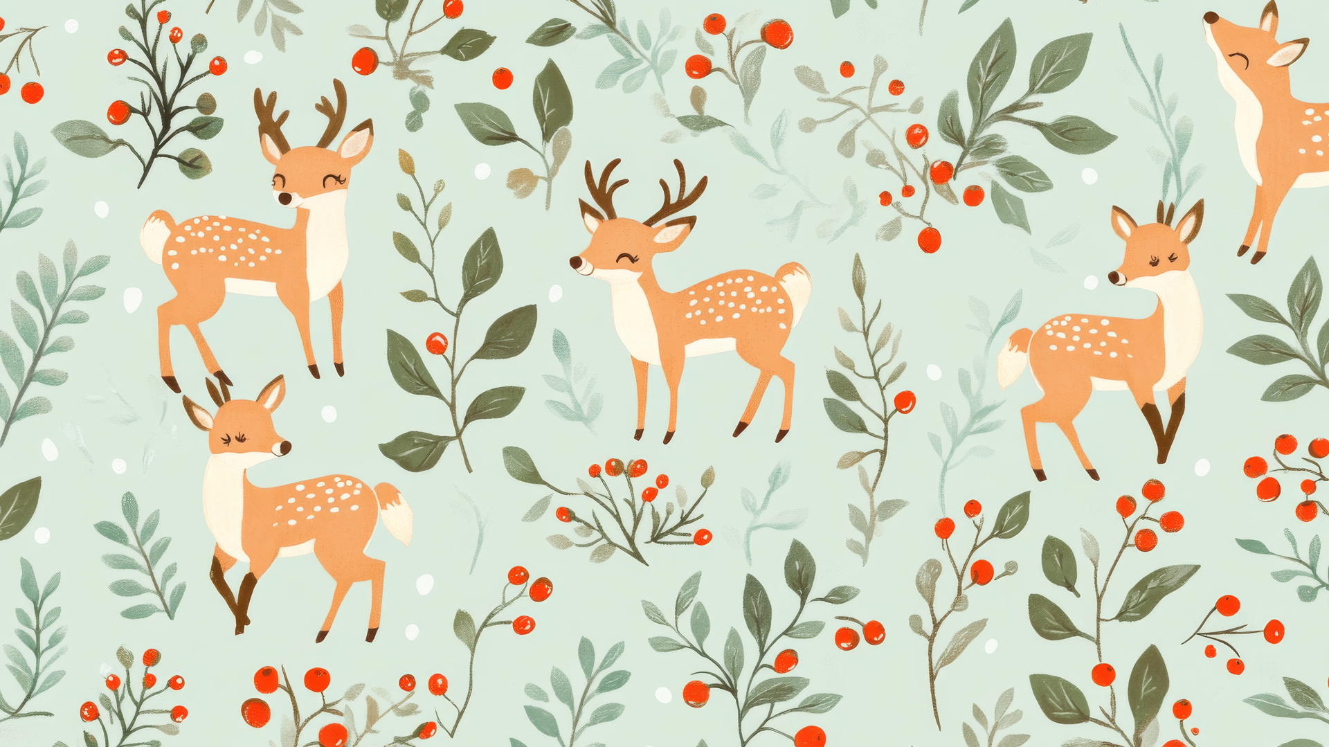preppy winter wallpaper with cute deer and foxes surrounded by holly leaves and berries on pale mint green background