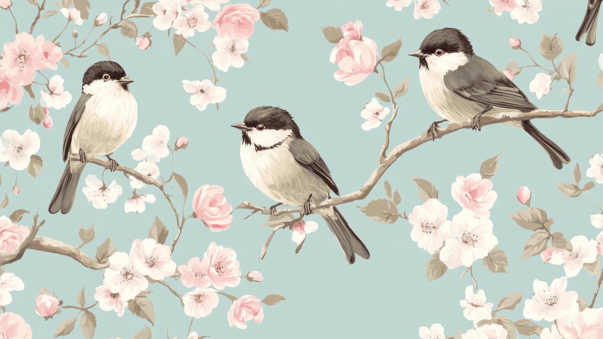 Preppy spring wallpaper with songbirds on branches, cherry blossoms, roses on light blue