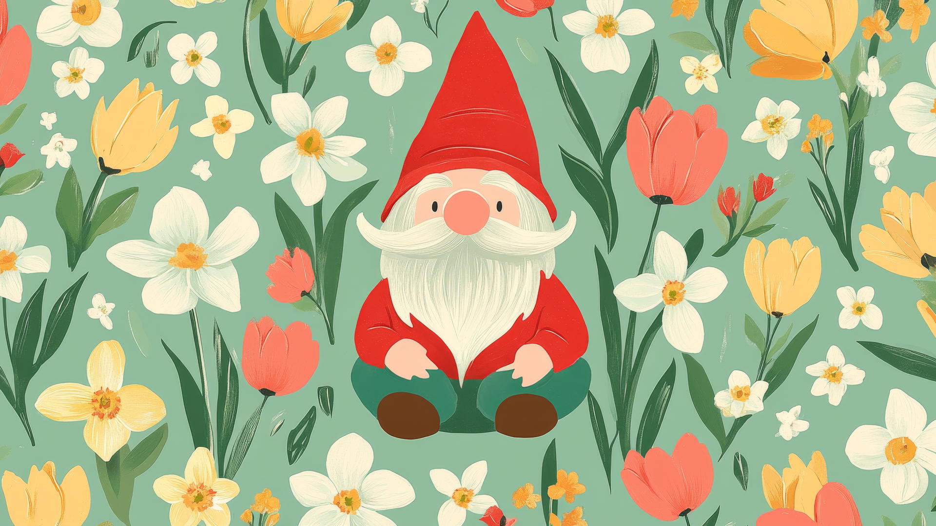 Preppy spring wallpaper with garden gnomes, blooming tulips and daffodils on pastel green background