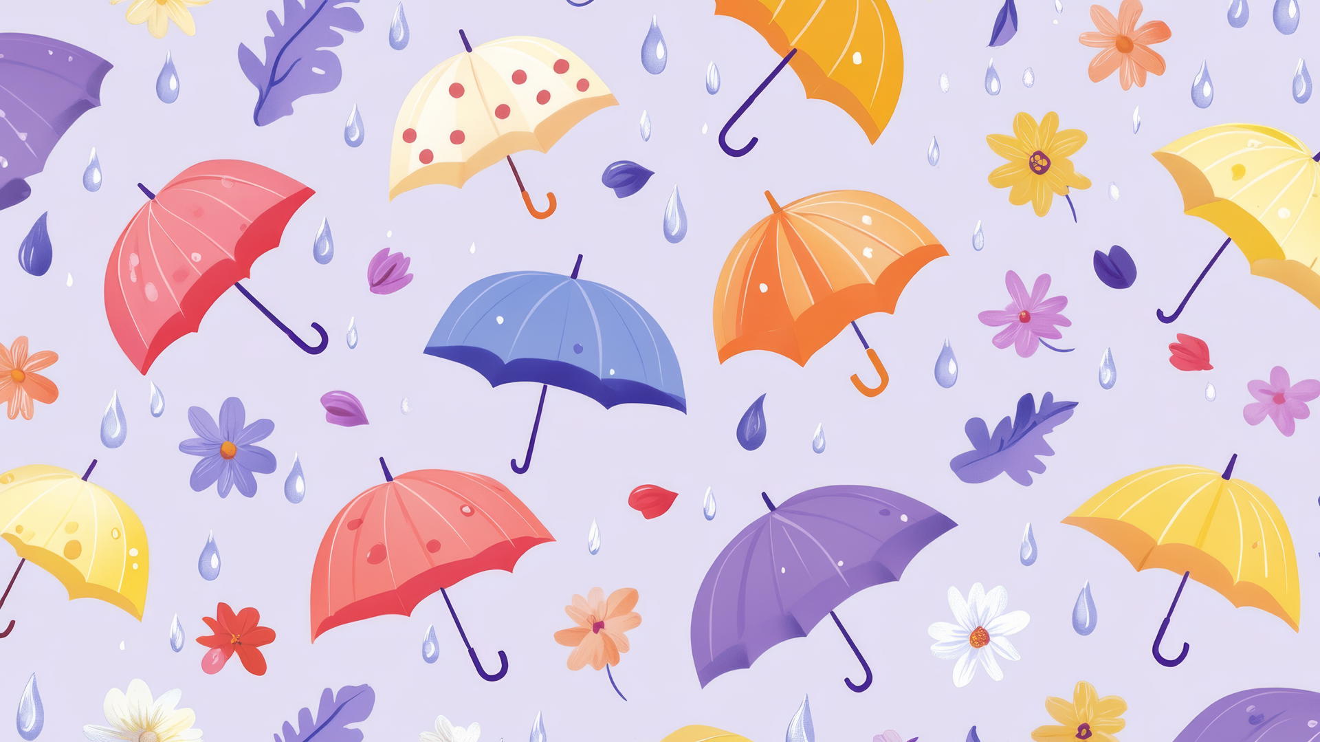 Preppy spring wallpaper with colorful umbrellas, raindrops, and blooming flowers on lavender background.