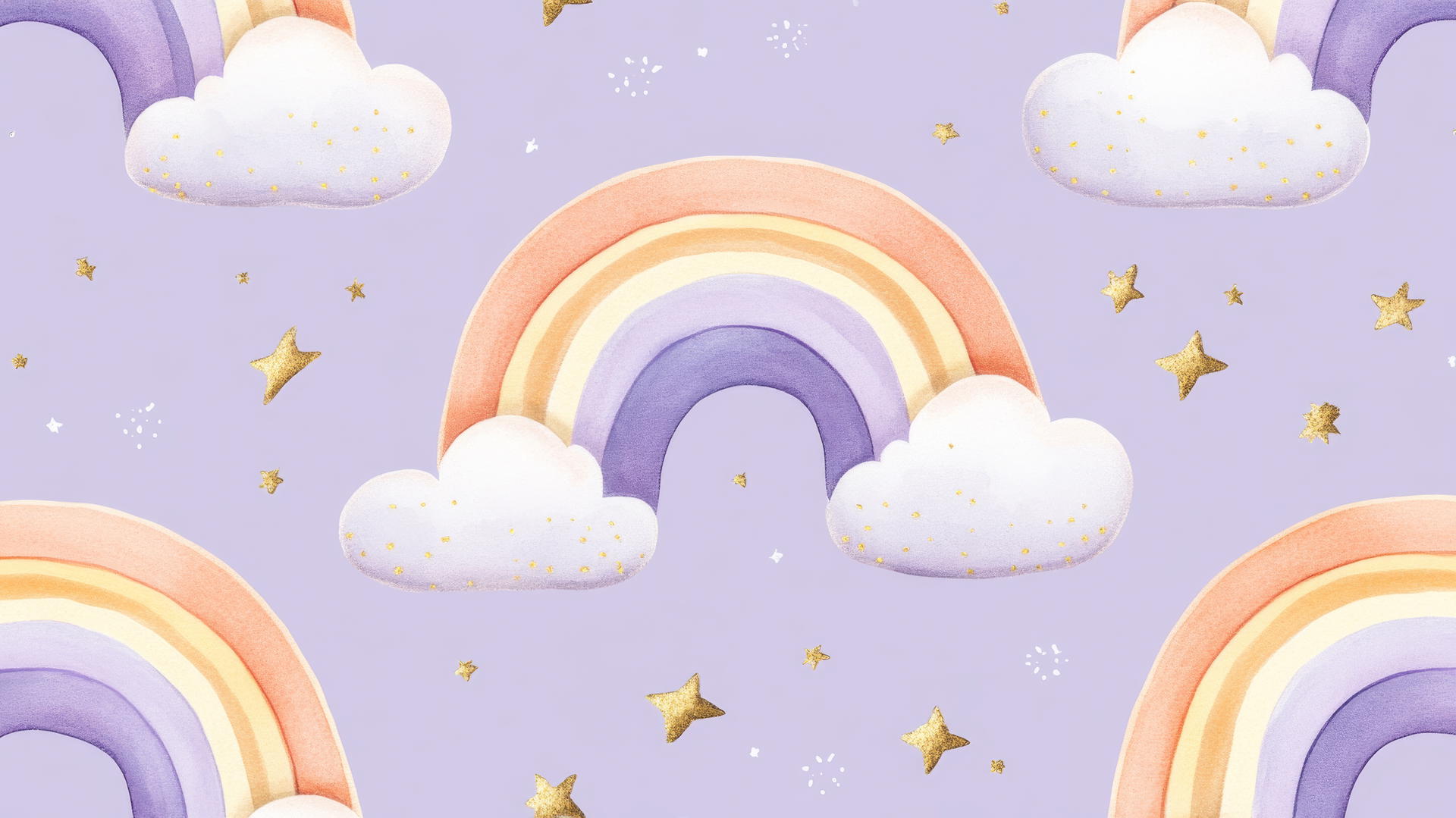 preppy wallpaper purple with pastel rainbows, white clouds, and golden stars
