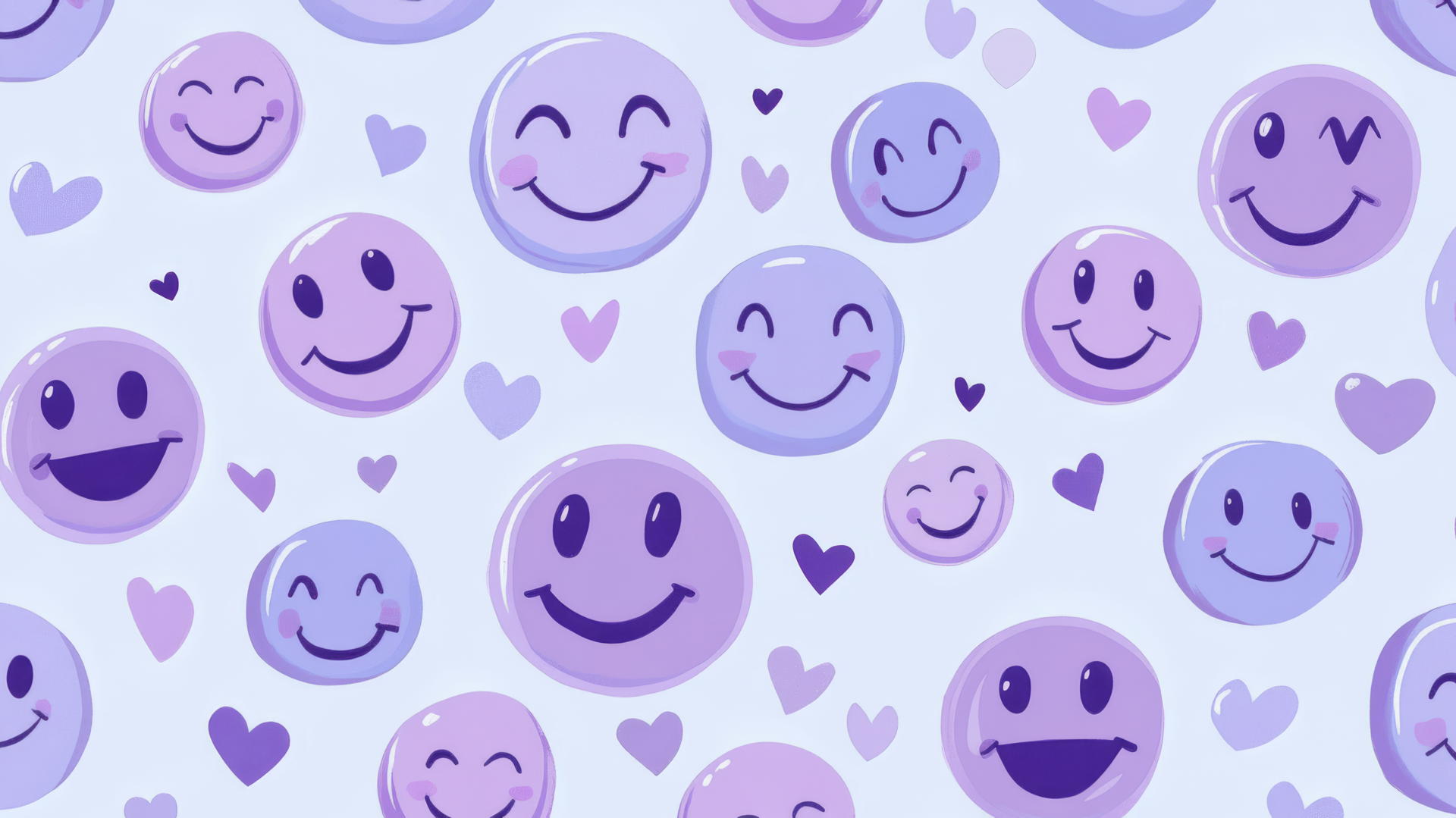 Preppy purple wallpaper with playful smiley faces and hearts on lavender