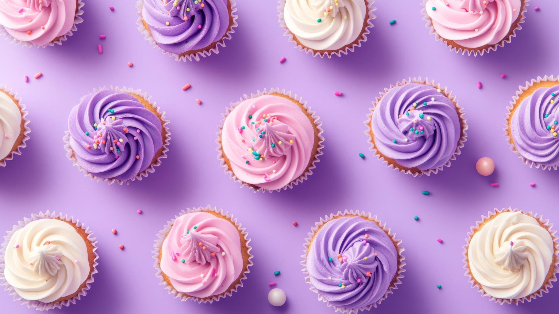 Preppy purple wallpaper with playful pink and purple cupcakes