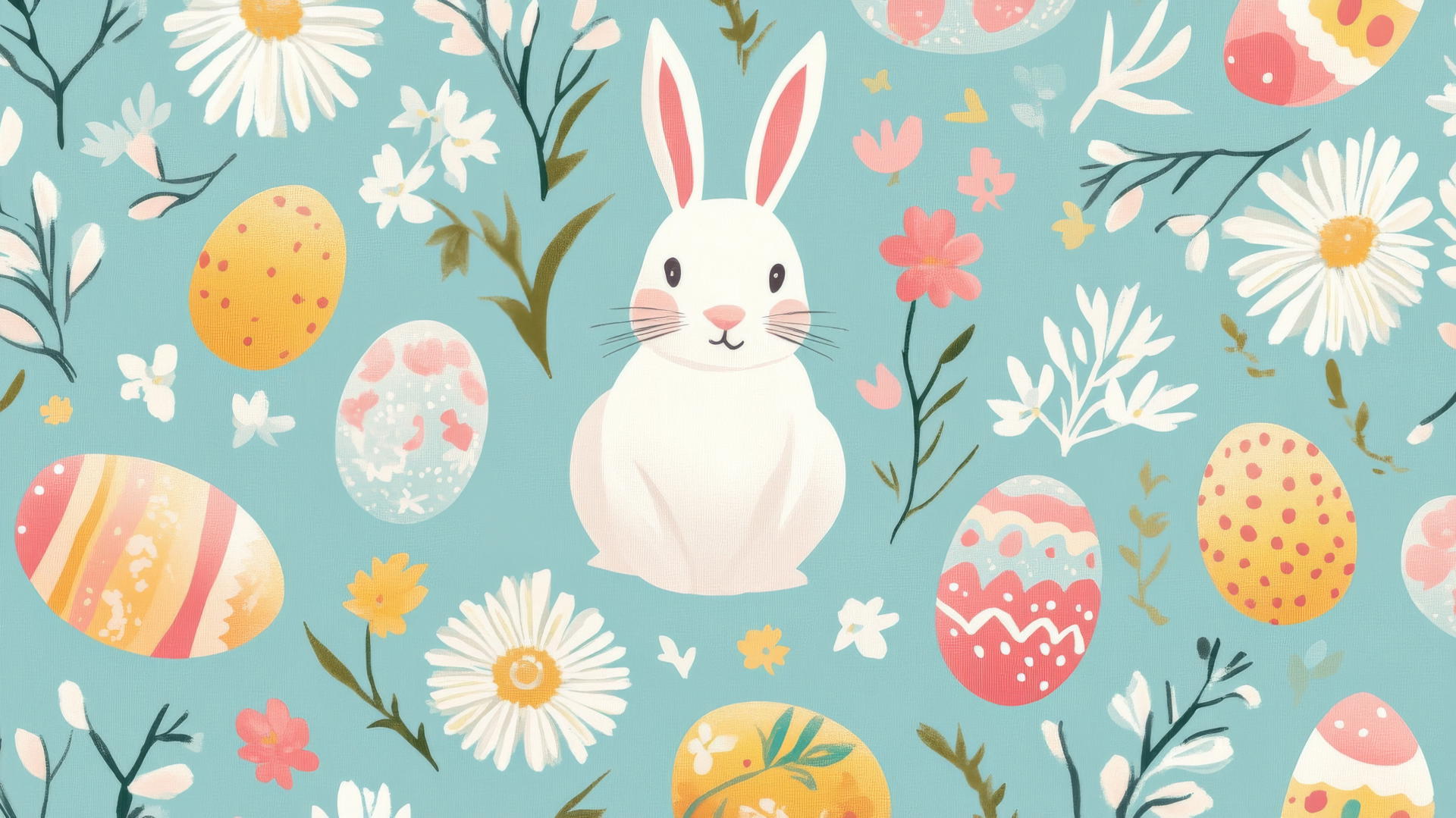 preppy easter wallpaper with retro-inspired eggs, bunnies, and flowers in pastel tones