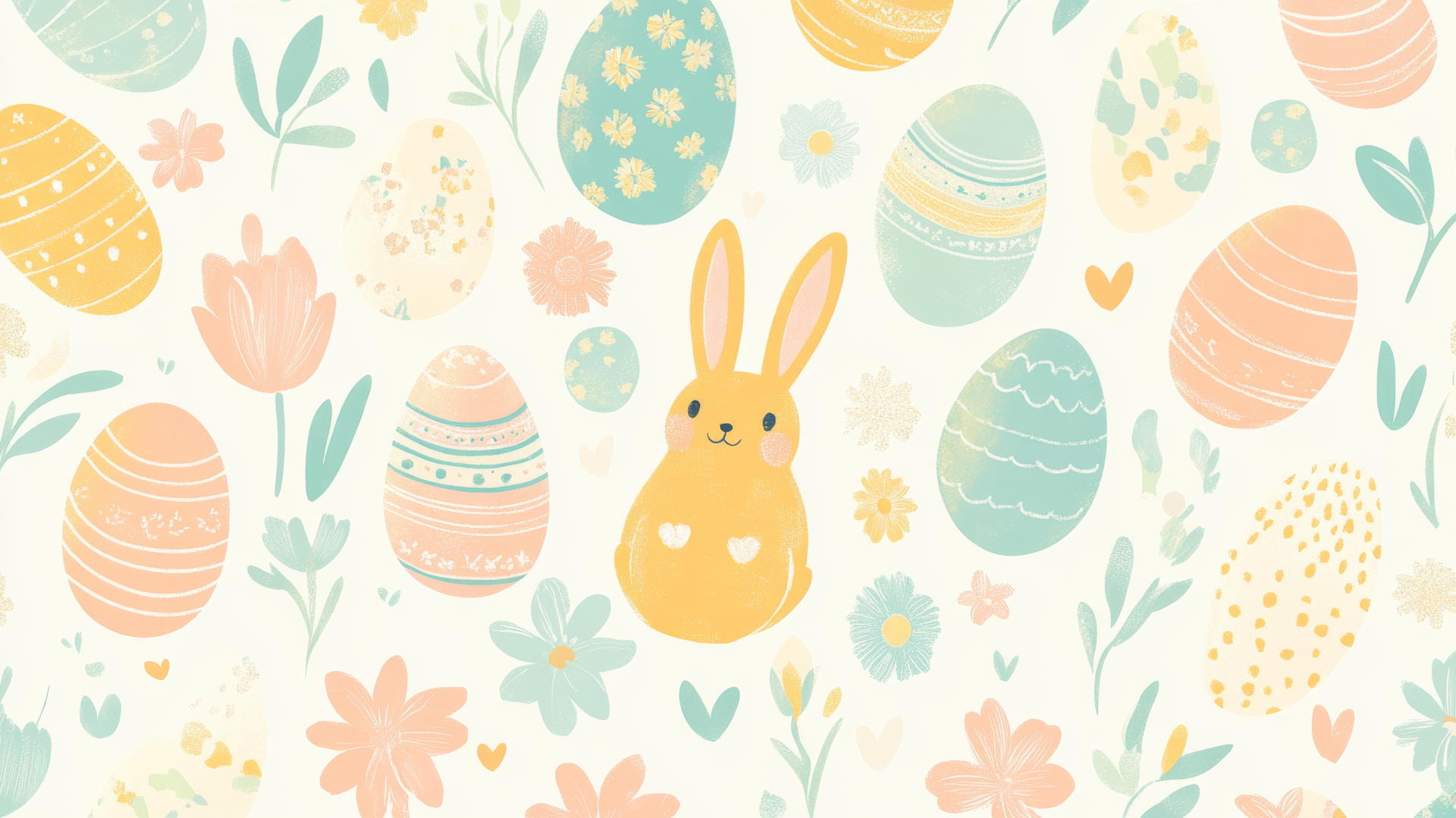 Preppy Easter wallpaper with retro-inspired eggs, bunnies, and flowers in pastel tones
