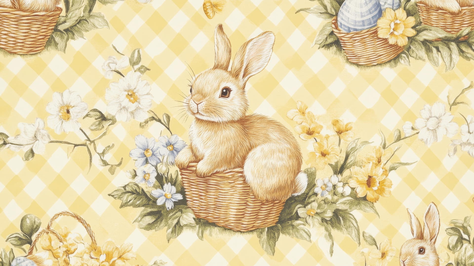 preppy easter wallpaper with gingham print bunnies, small Easter baskets, and flowers on a soft yellow background