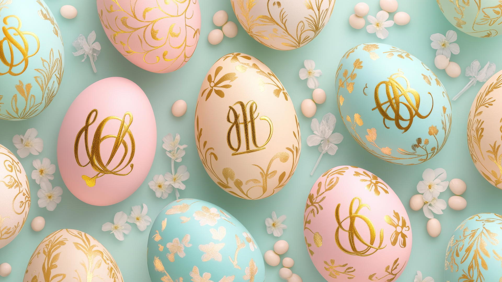 Preppy Easter wallpaper with monogrammed eggs and floral motifs