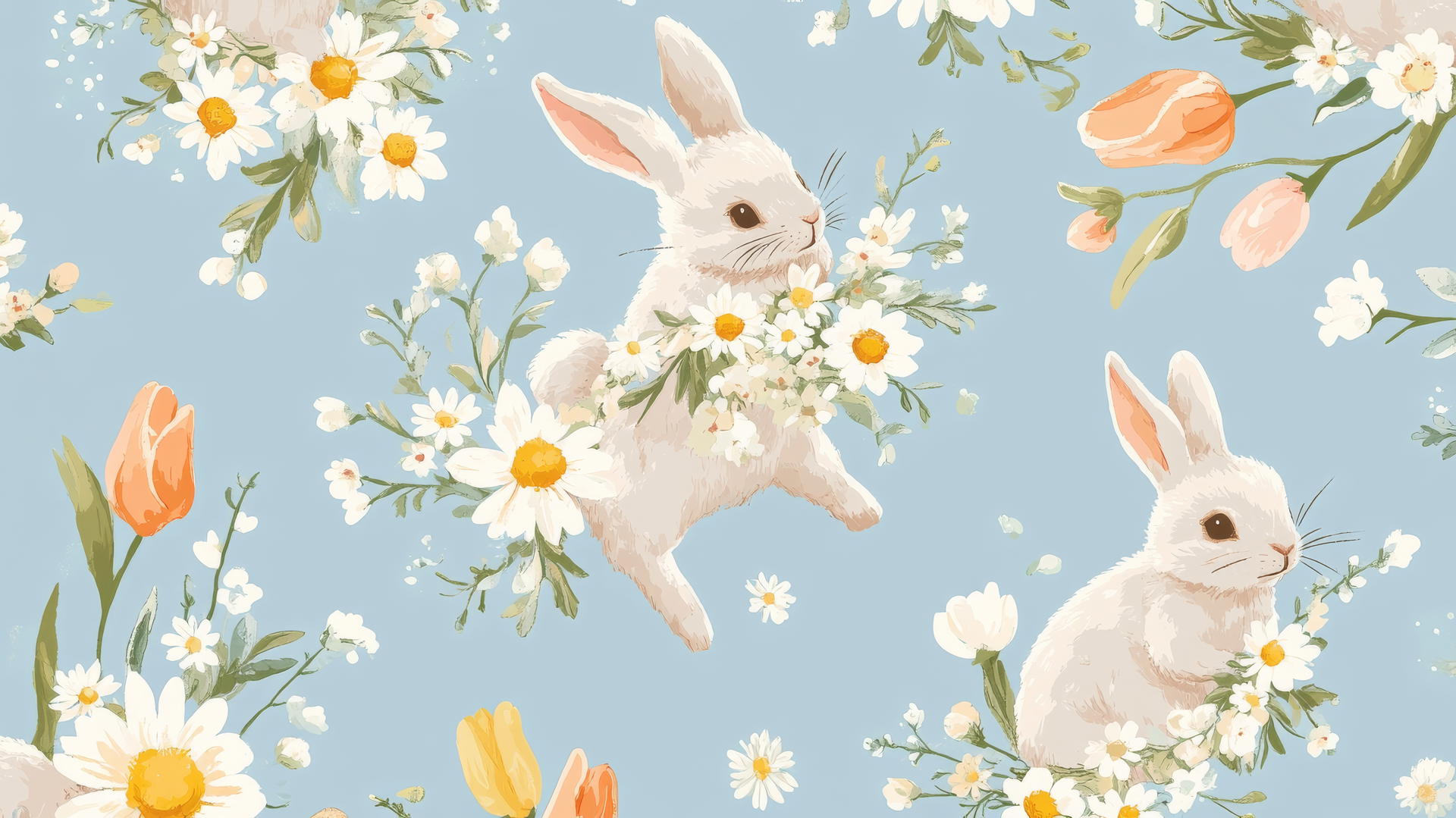 Bunnies with flower garlands on pastel blue preppy easter wallpaper
