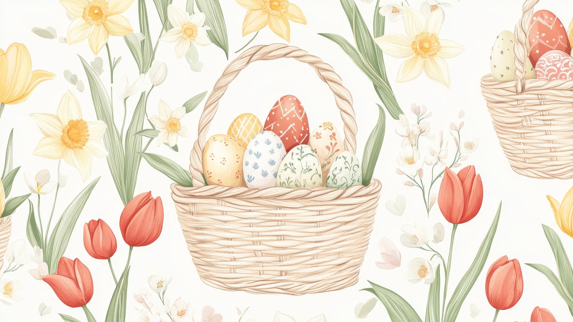preppy Easter wallpaper with baskets of colorful eggs and blooming flowers