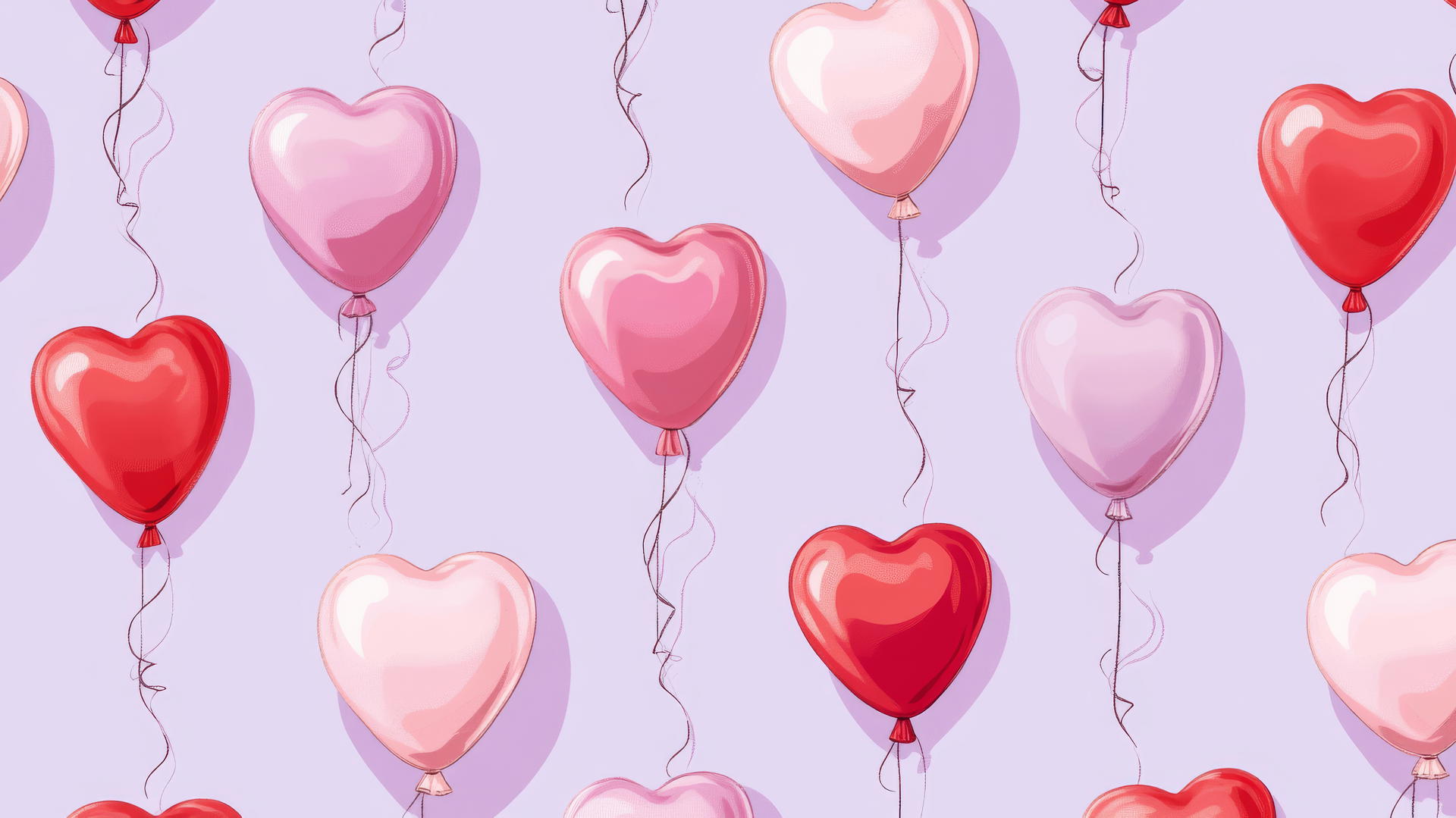 Preppy Valentine's wallpaper with heart-shaped balloons in pink and red on light purple background