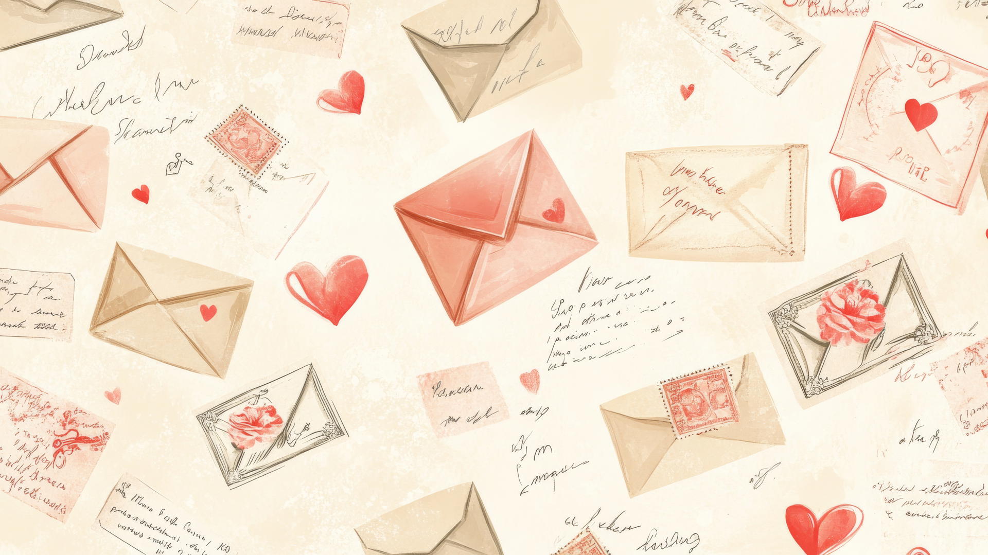 preppy valentines wallpaper with hand-drawn envelopes, love letters, hearts, and floral stamps