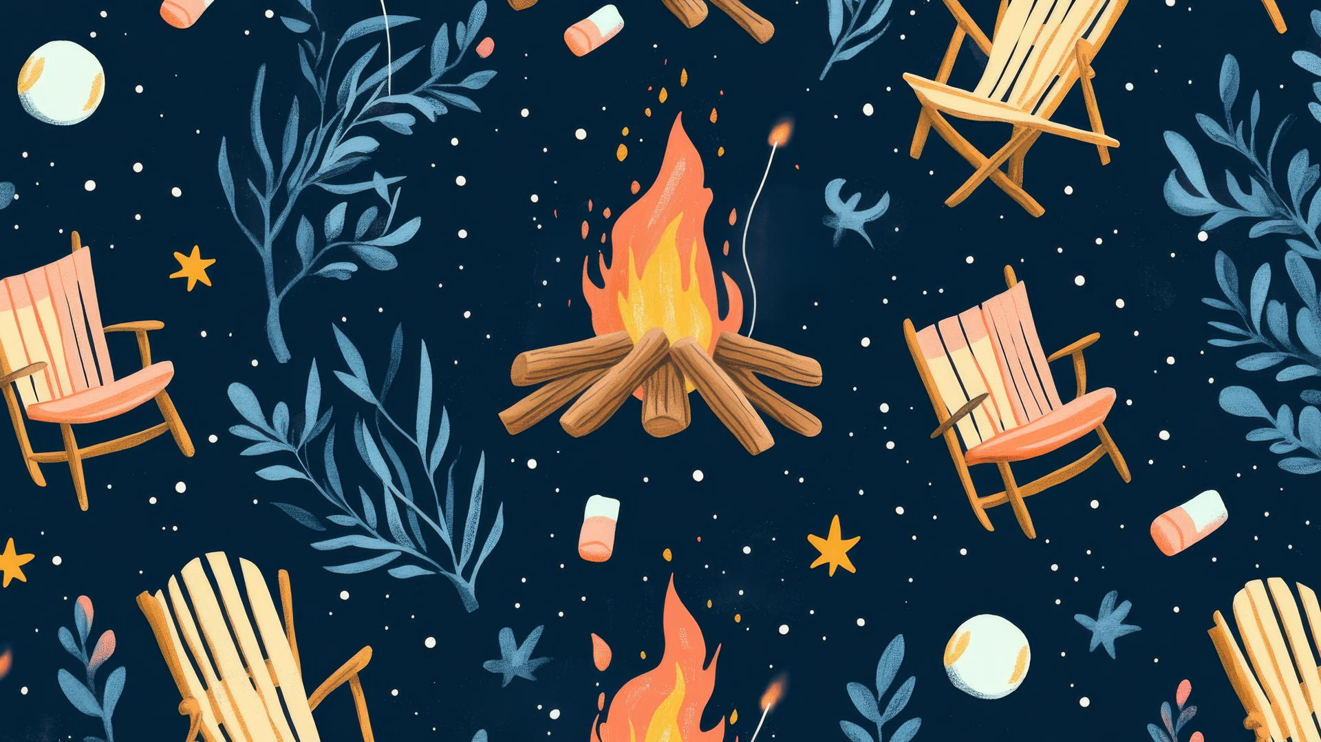 preppy beach wallpaper with bonfires, marshmallows on sticks, and beach chairs under a starry night sky