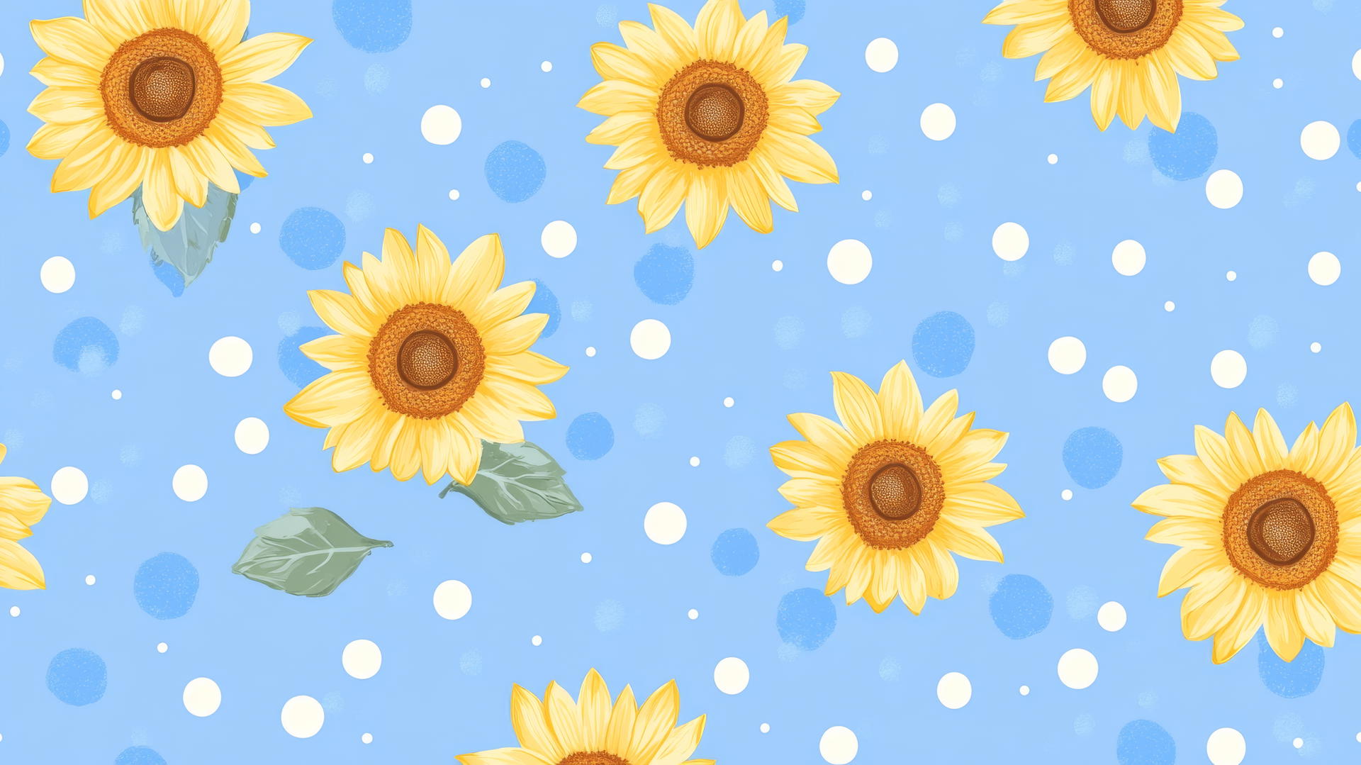 preppy blue wallpaper with blue and white polka dots, small yellow sunflowers on light blue background