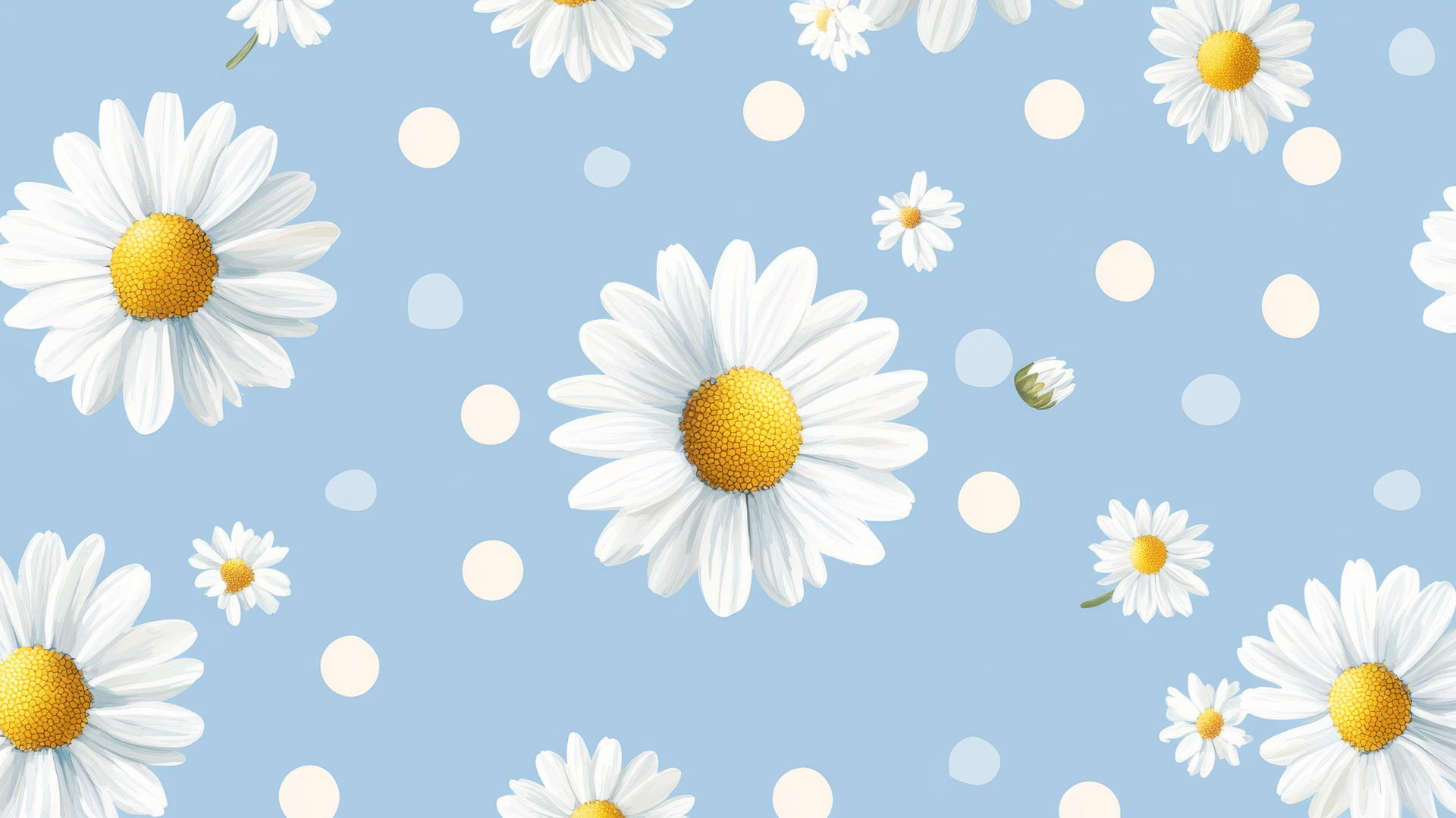 preppy blue wallpaper with light blue polka dots, white daisies, and yellow centers