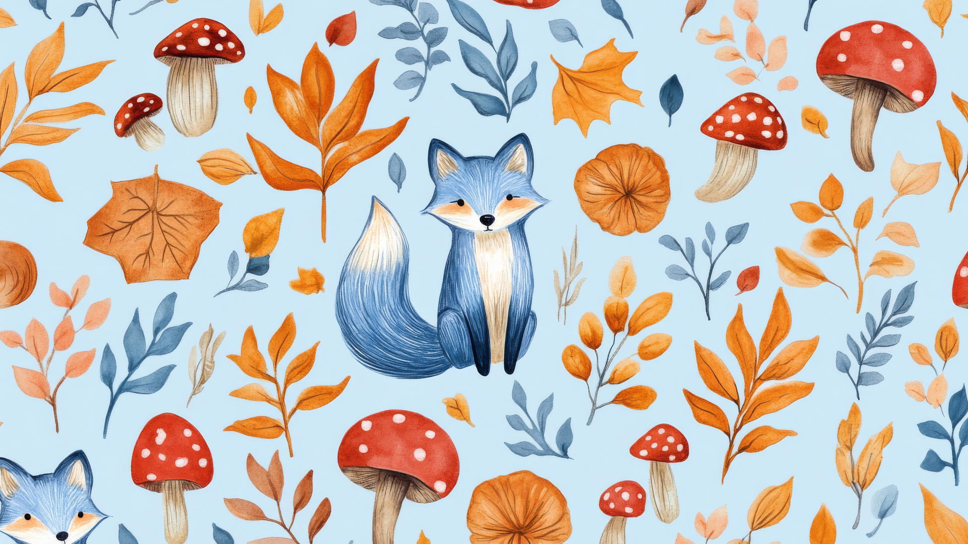 preppy blue wallpaper with blue foxes, mushrooms, and fall foliage on pastel blue