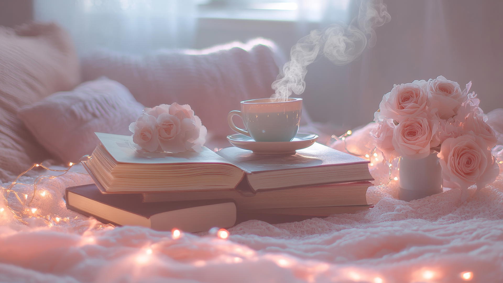 Cute aesthetic wallpapers of a cozy reading nook with books, tea, and fairy lights
