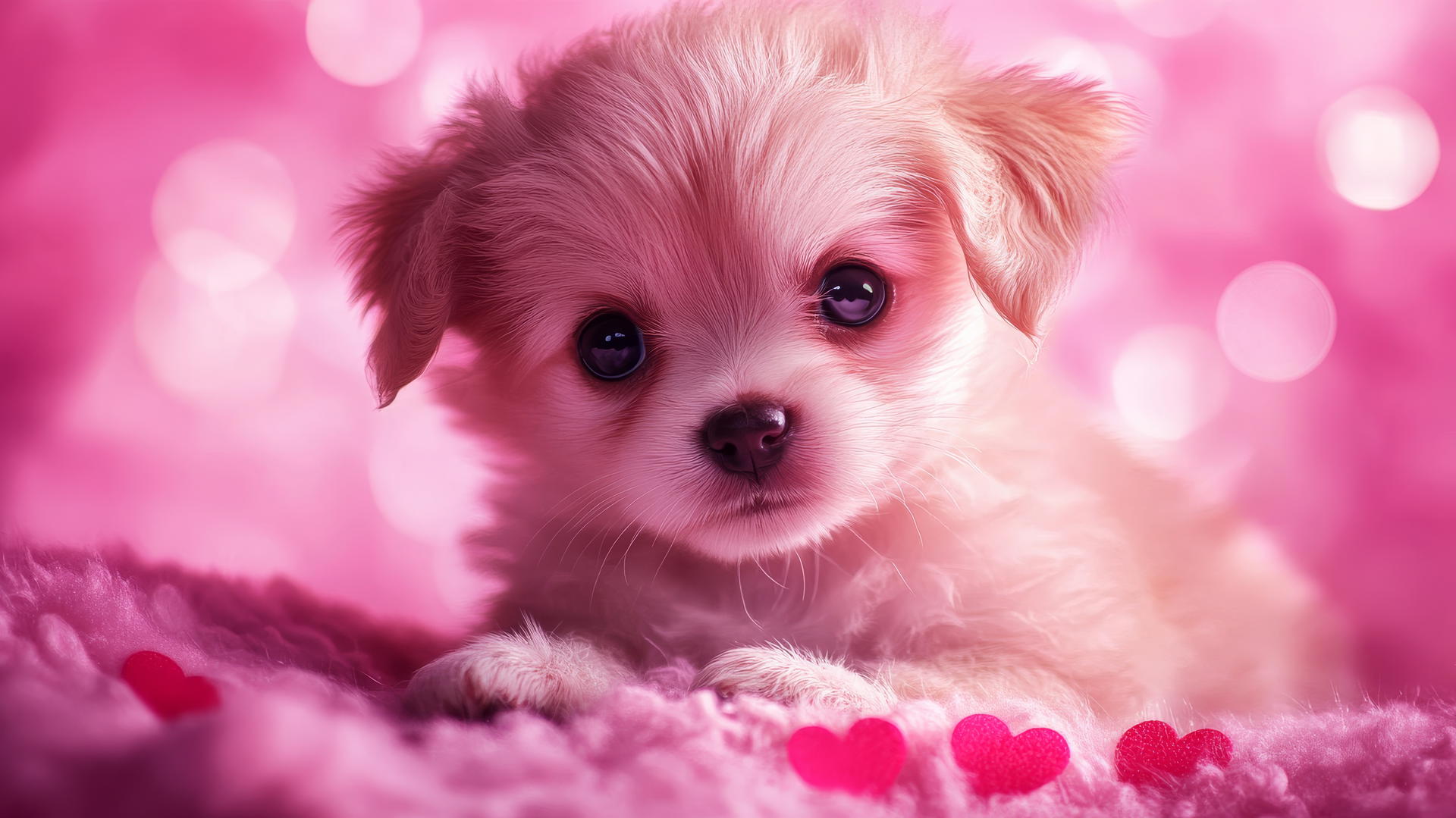 pink cute puppy wallpaper with big sparkling eyes, paw prints, and hearts