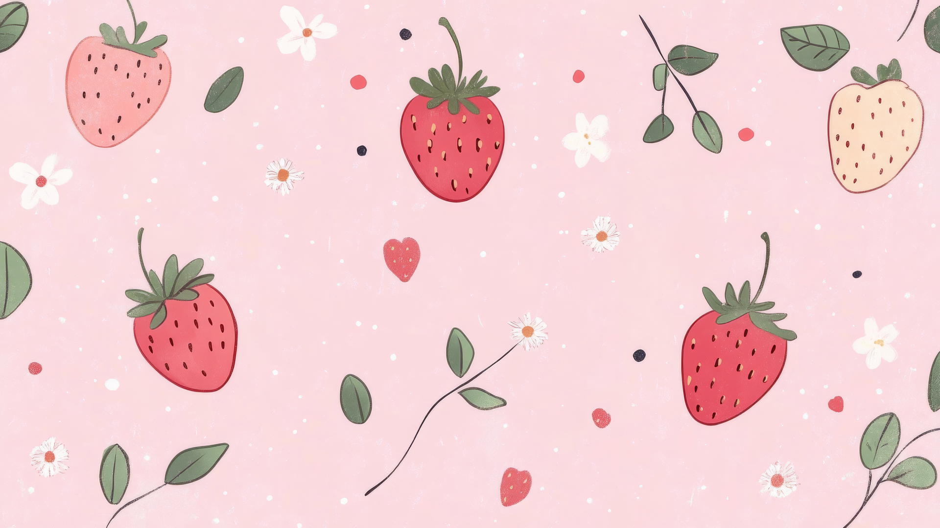 pink wallpaper cute with hand-drawn strawberries and tiny flowers