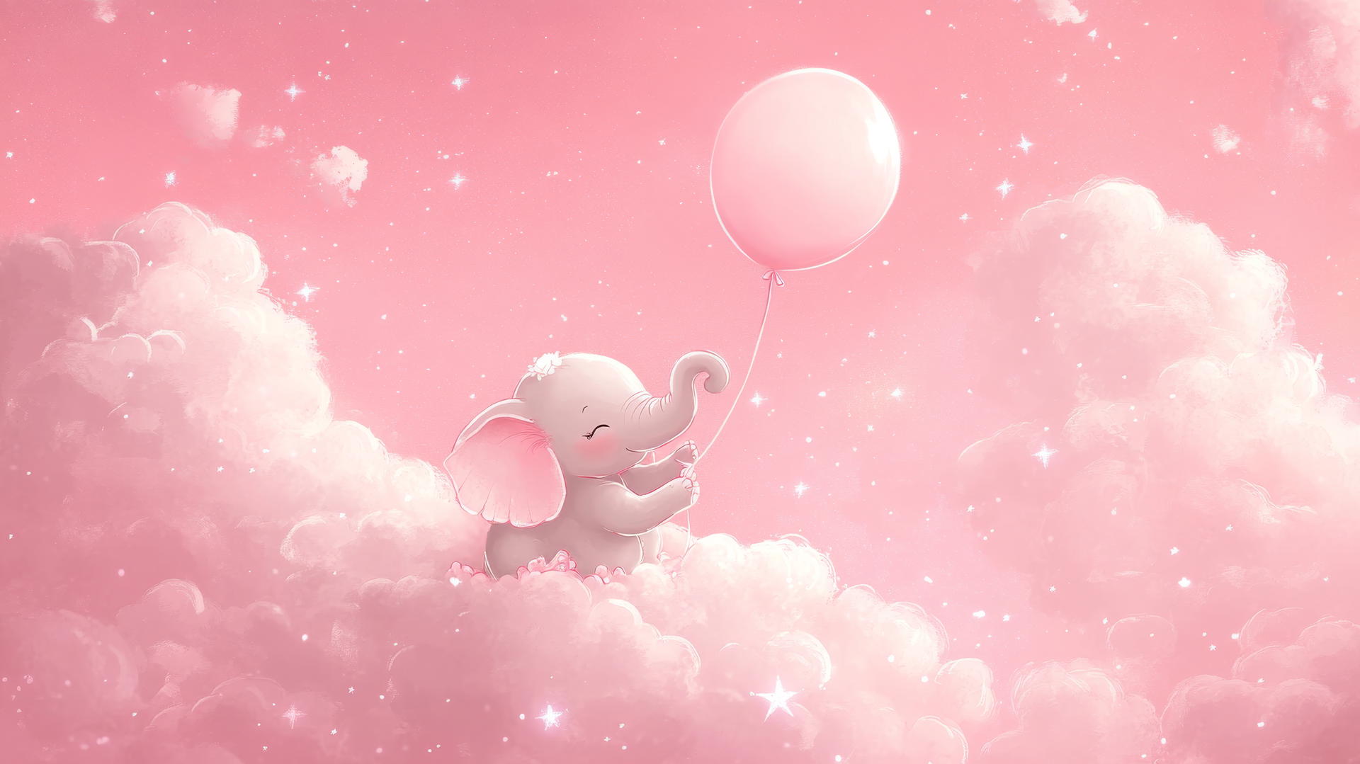 pink cute wallpaper with baby elephant holding balloon and clouds