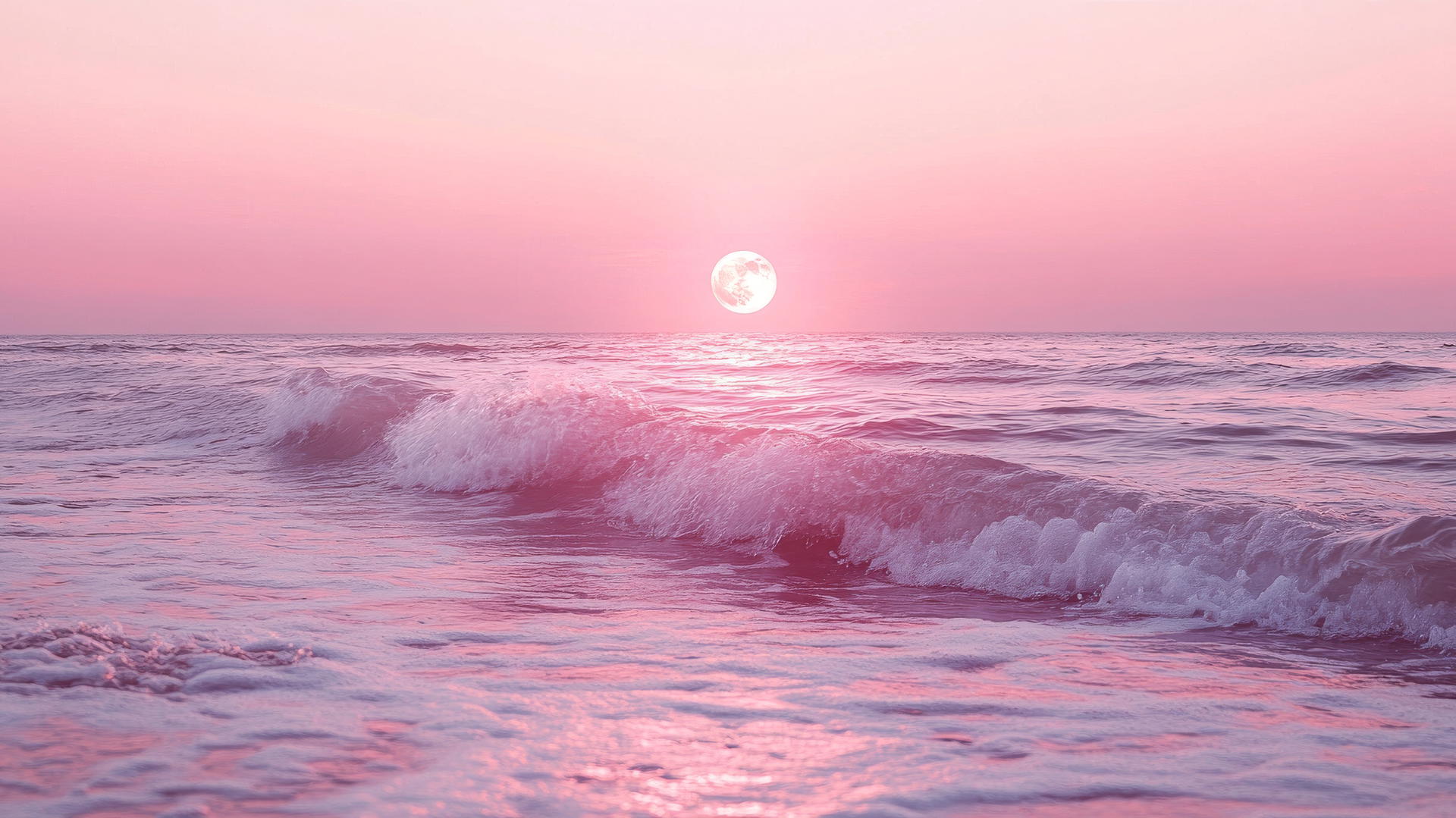 ethereal pink moon rising over a quiet ocean with pink light reflection, pink wallpaper aesthetic