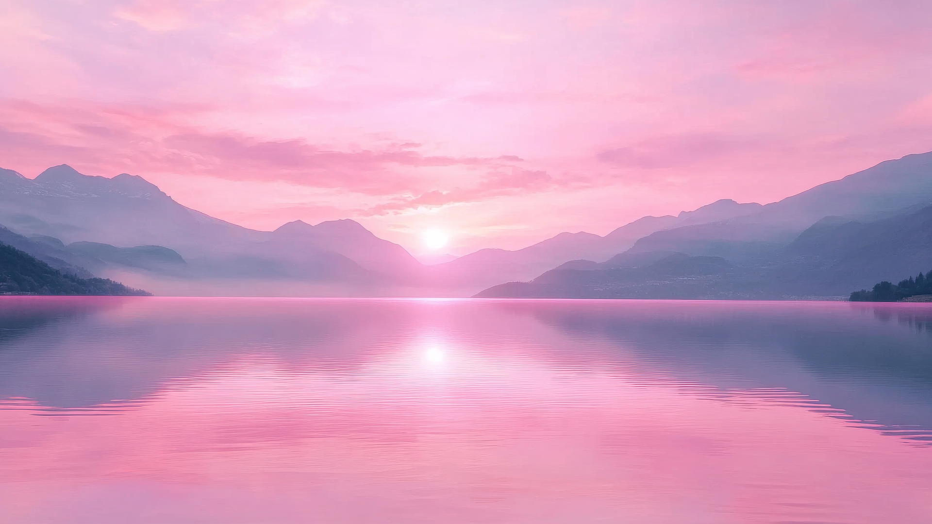 Peaceful pink sunset reflected on calm lake, mountains in distance, pink wallpaper aesthetic
