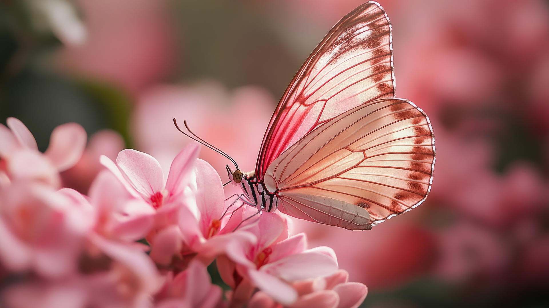 A delicate butterfly with pink wings on a soft pink flower, aesthetic pink wallpaper