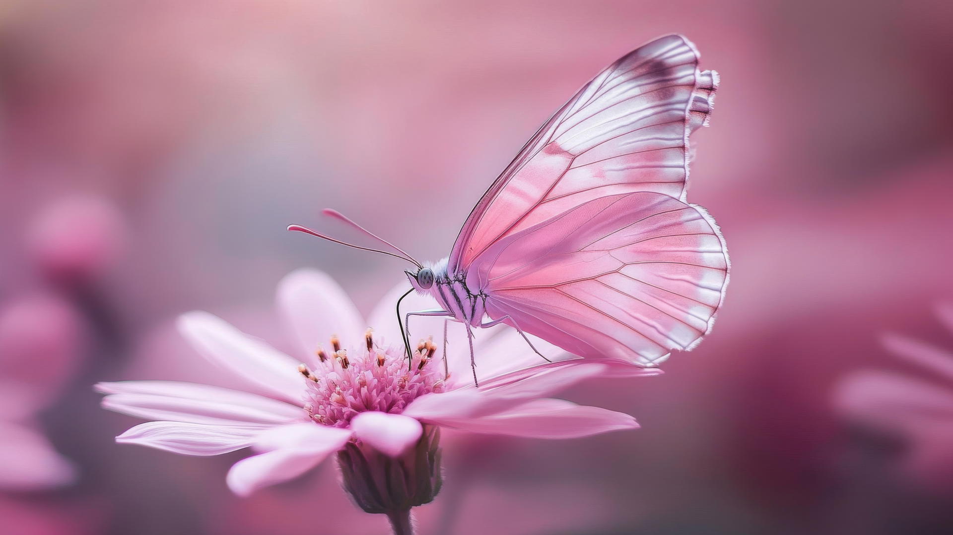 Aesthetic pink wallpaper of a delicate butterfly on a pink flower