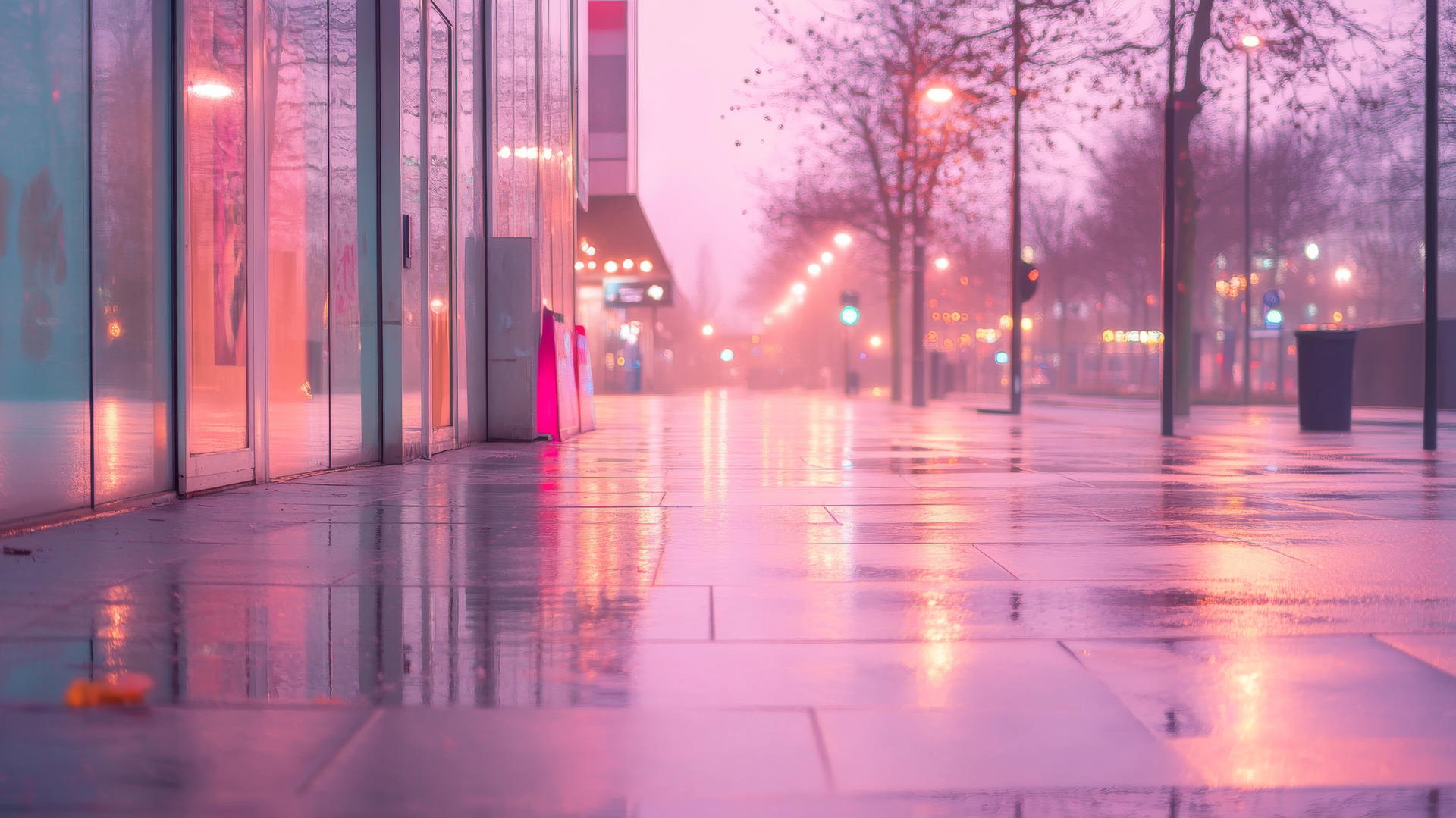 Aesthetic pink wallpaper of a pastel urban street at dawn with soft light.