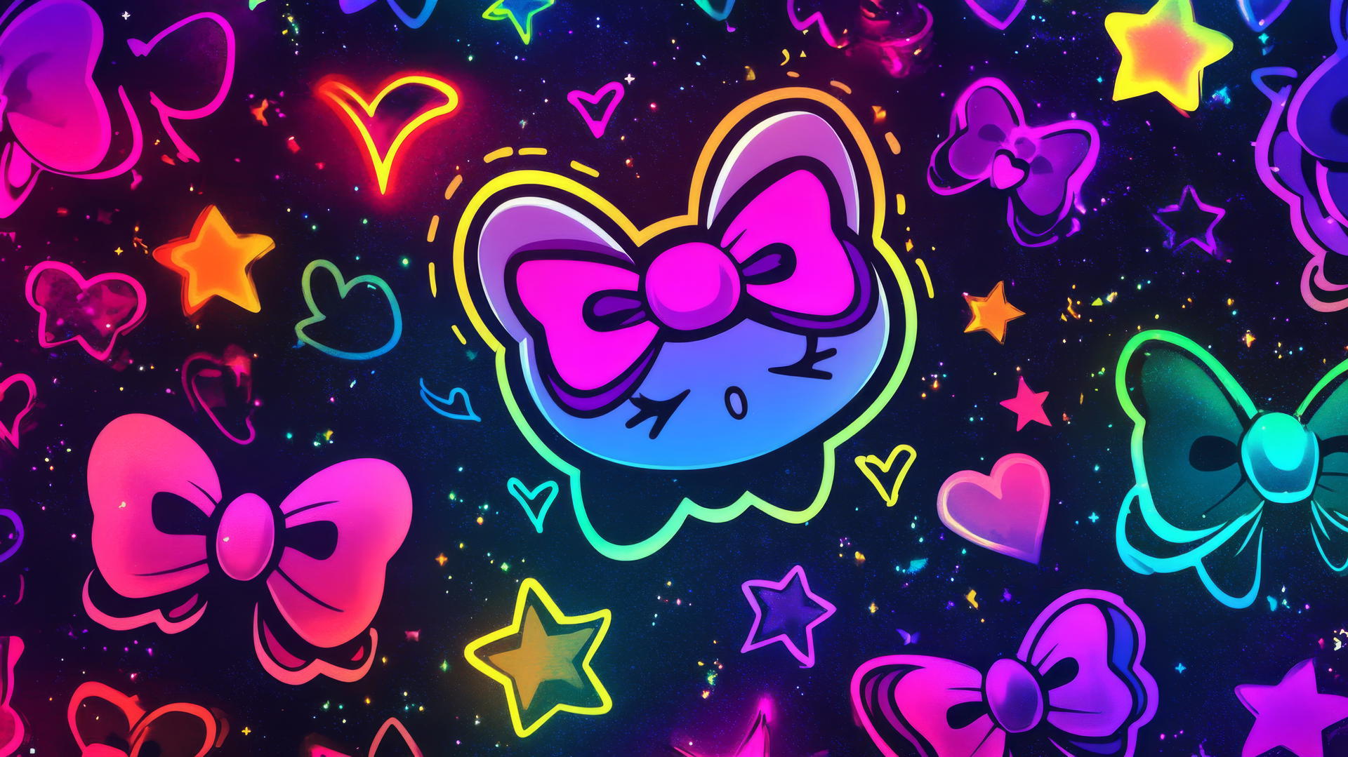 Hello Kitty wallpaper aesthetic with colorful bows, stars, hearts, and a neon background