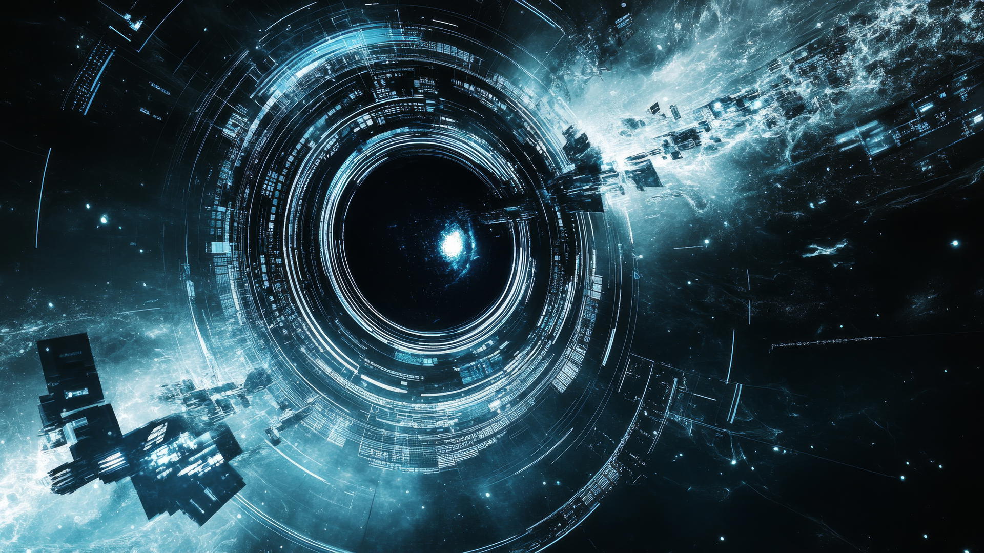 High-tech black hole wallpaper with robotic probes and holographic data displays.